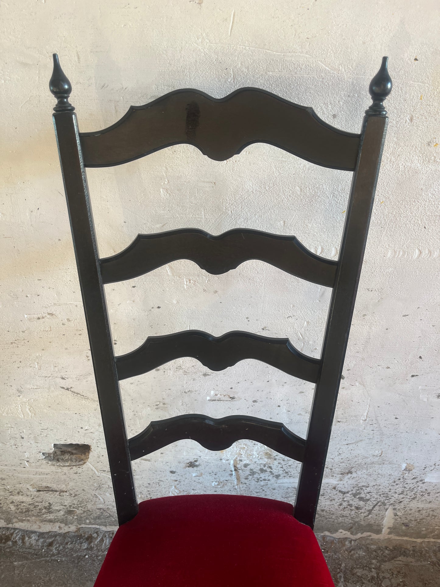 Set of 6 High-Back Dining Chairs in Black Wood & Red Velvet