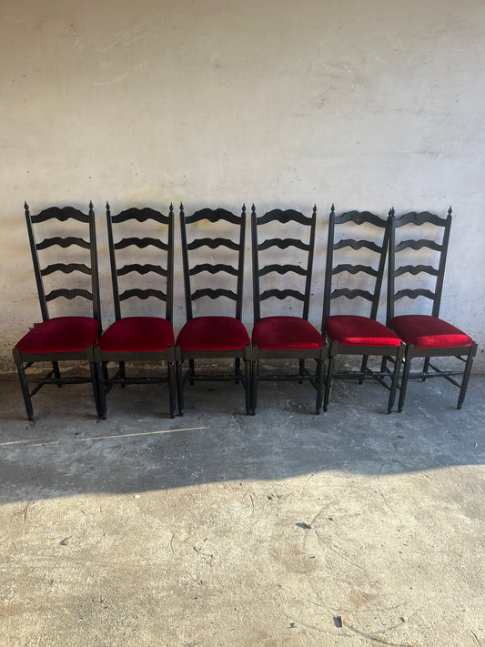 Set of 6 High-Back Dining Chairs in Black Wood & Red Velvet