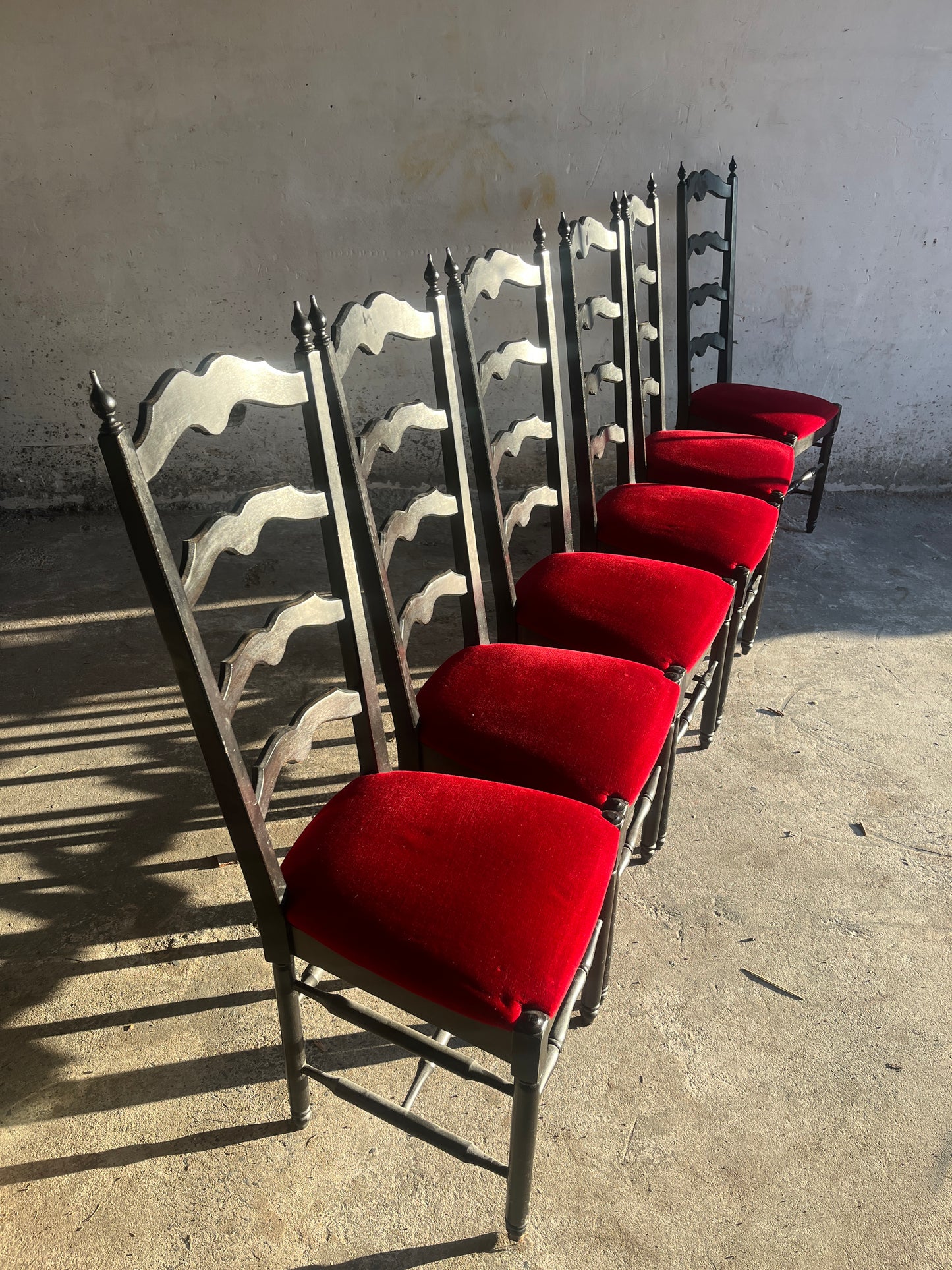 Set of 6 High-Back Dining Chairs in Black Wood & Red Velvet