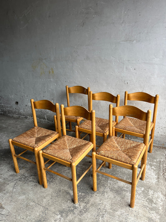Set of 6 Vintage Wooden Chairs with Rush Seats