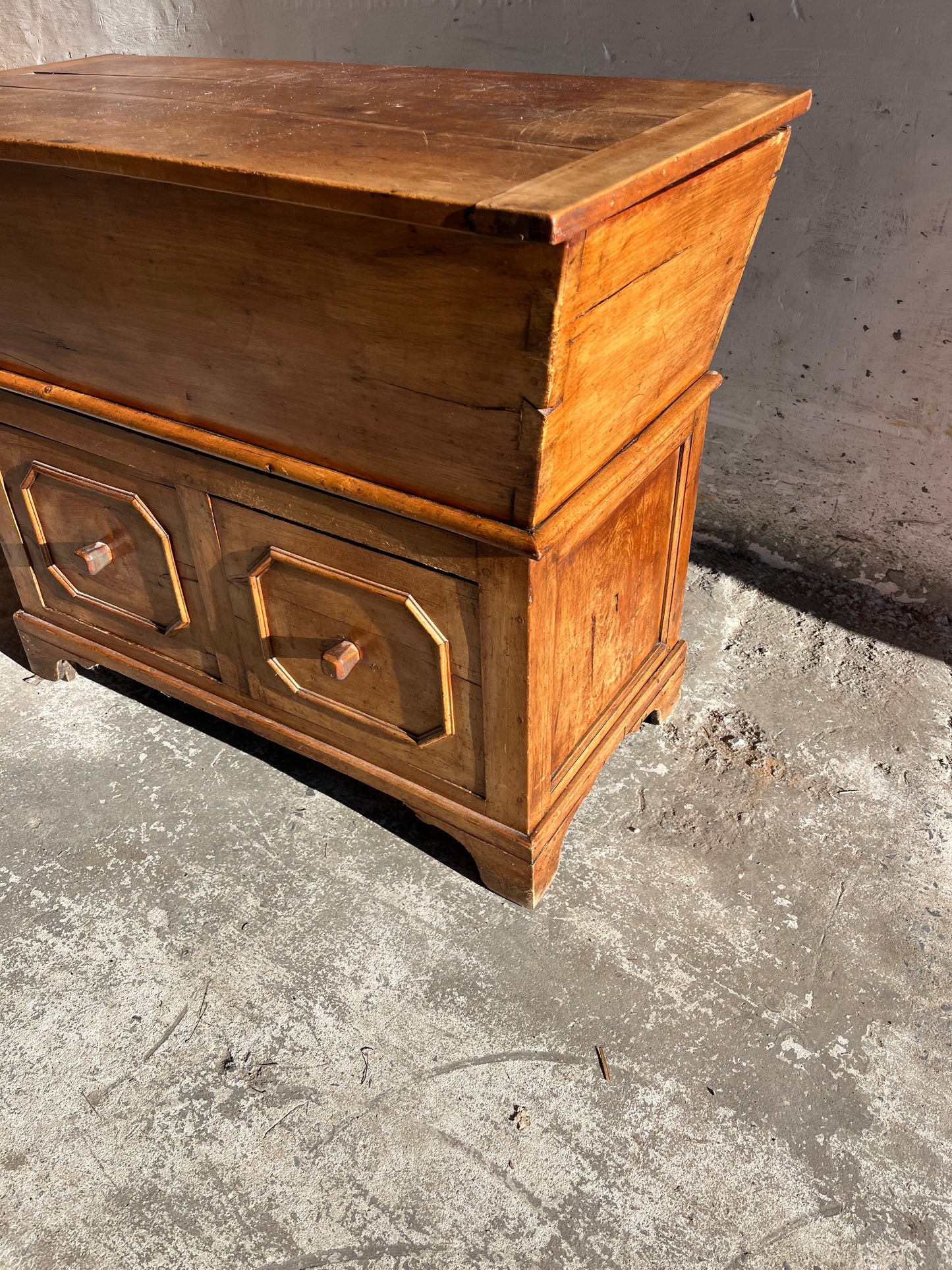 Antique Wooden Baker’s Chest with Storage Drawers