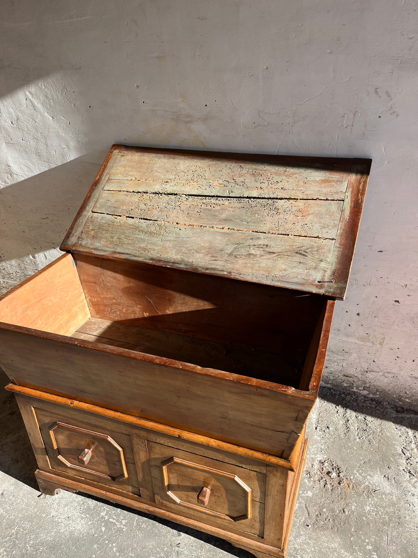 Antique Wooden Baker’s Chest with Storage Drawers
