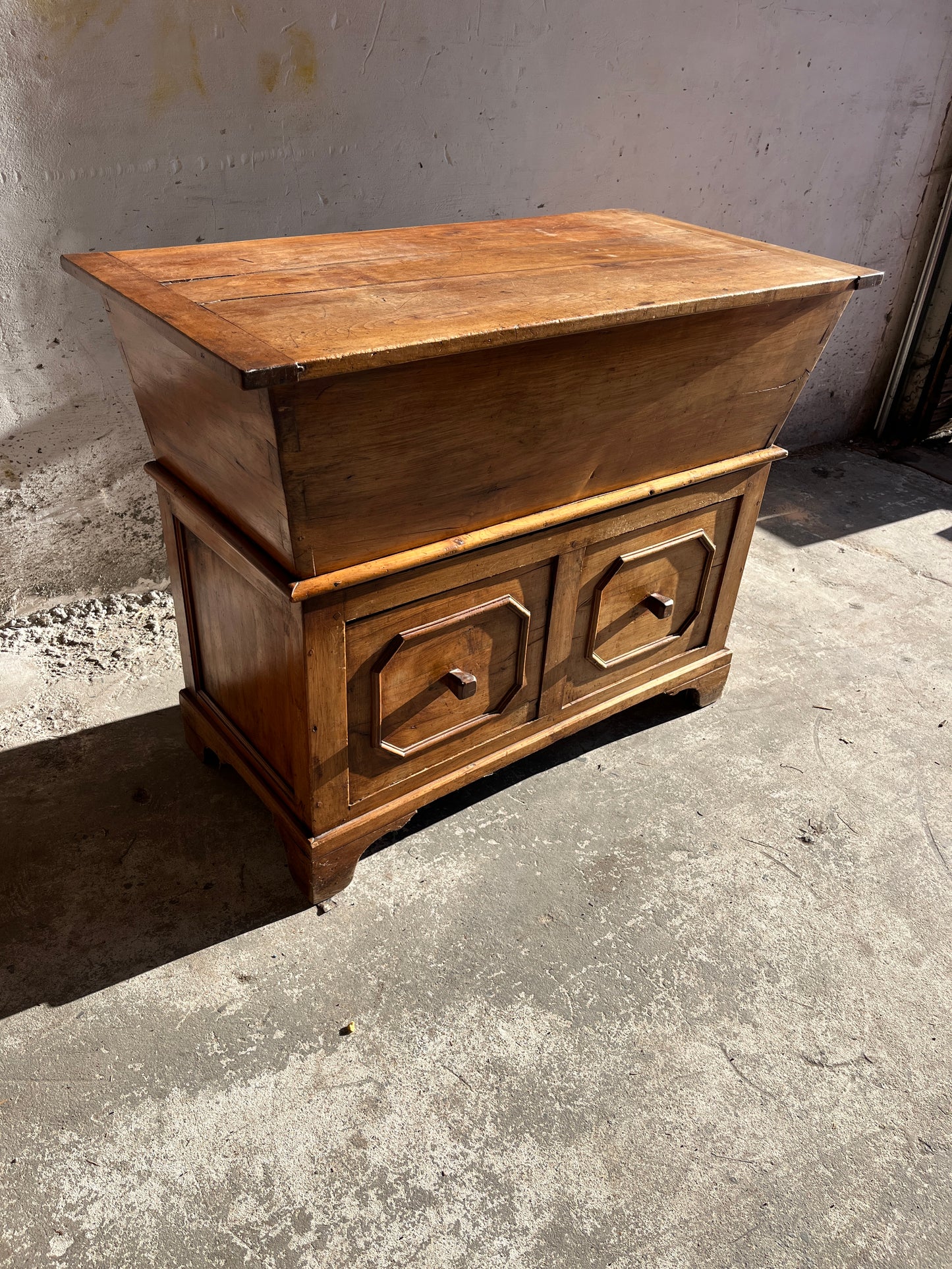Antique Wooden Baker’s Chest with Storage Drawers