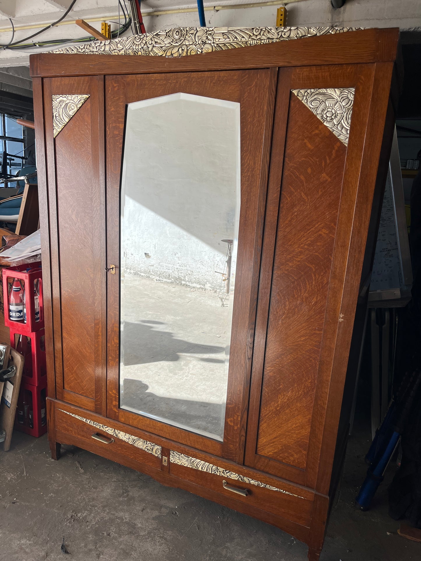 Art Deco Oak Wardrobe with Mirror & Carved Details