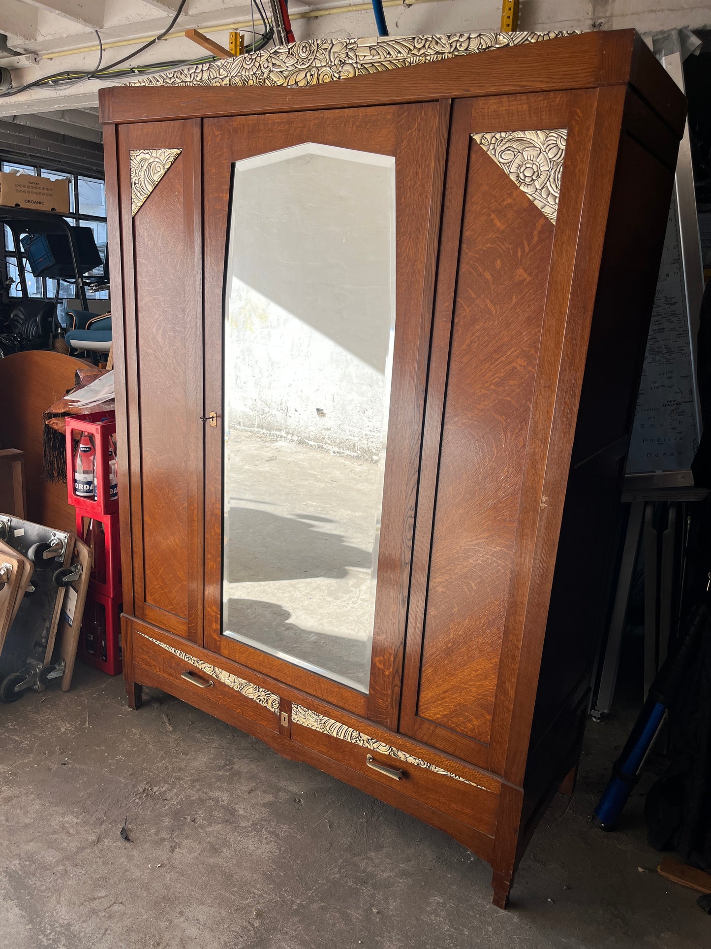 Art Deco Oak Wardrobe with Mirror & Carved Details