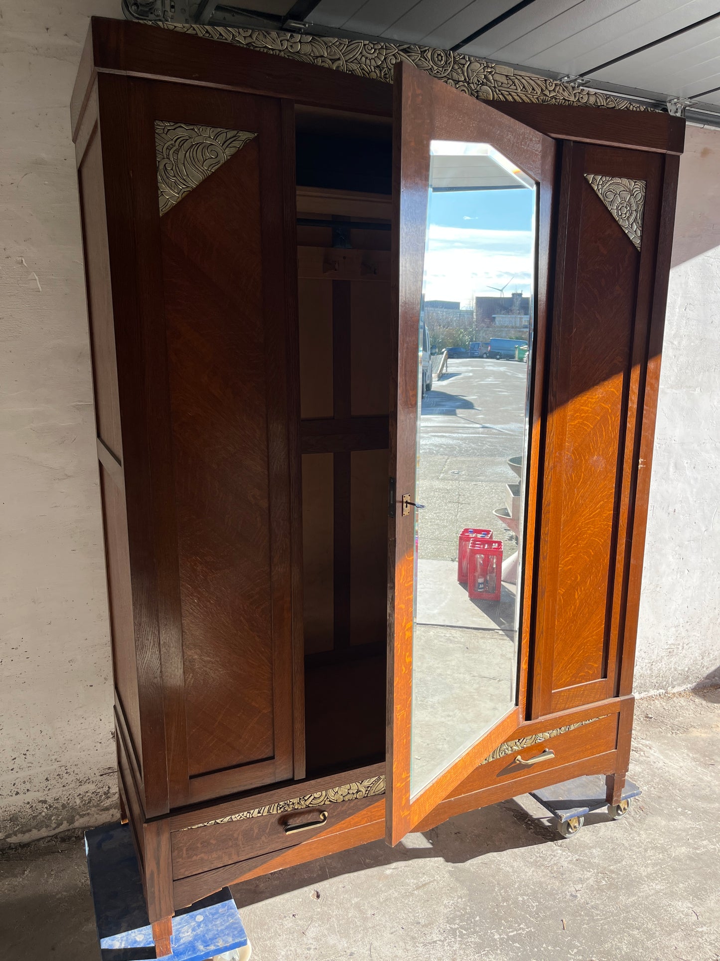 Art Deco Oak Wardrobe with Mirror & Carved Details