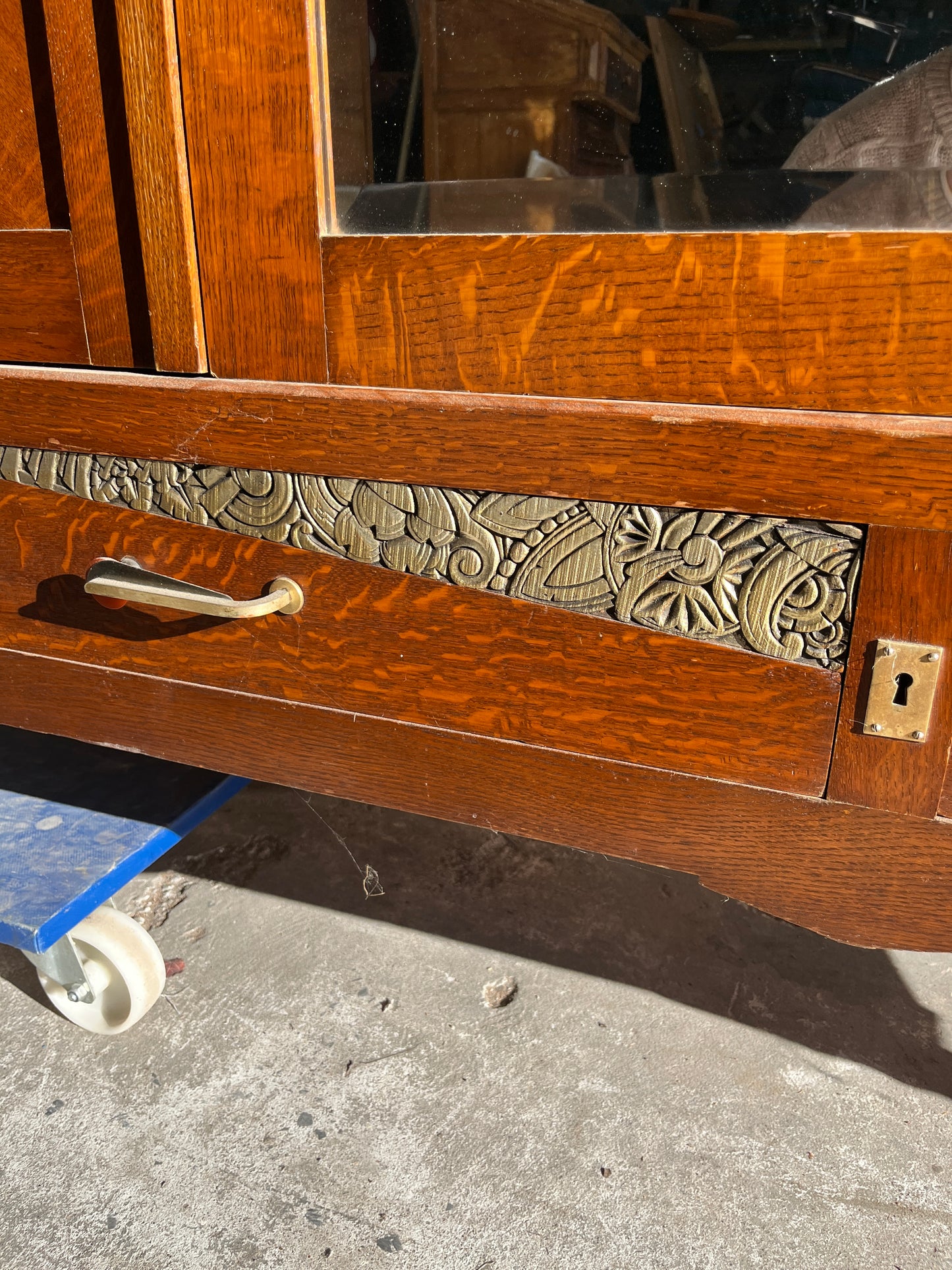 Art Deco Oak Wardrobe with Mirror & Carved Details