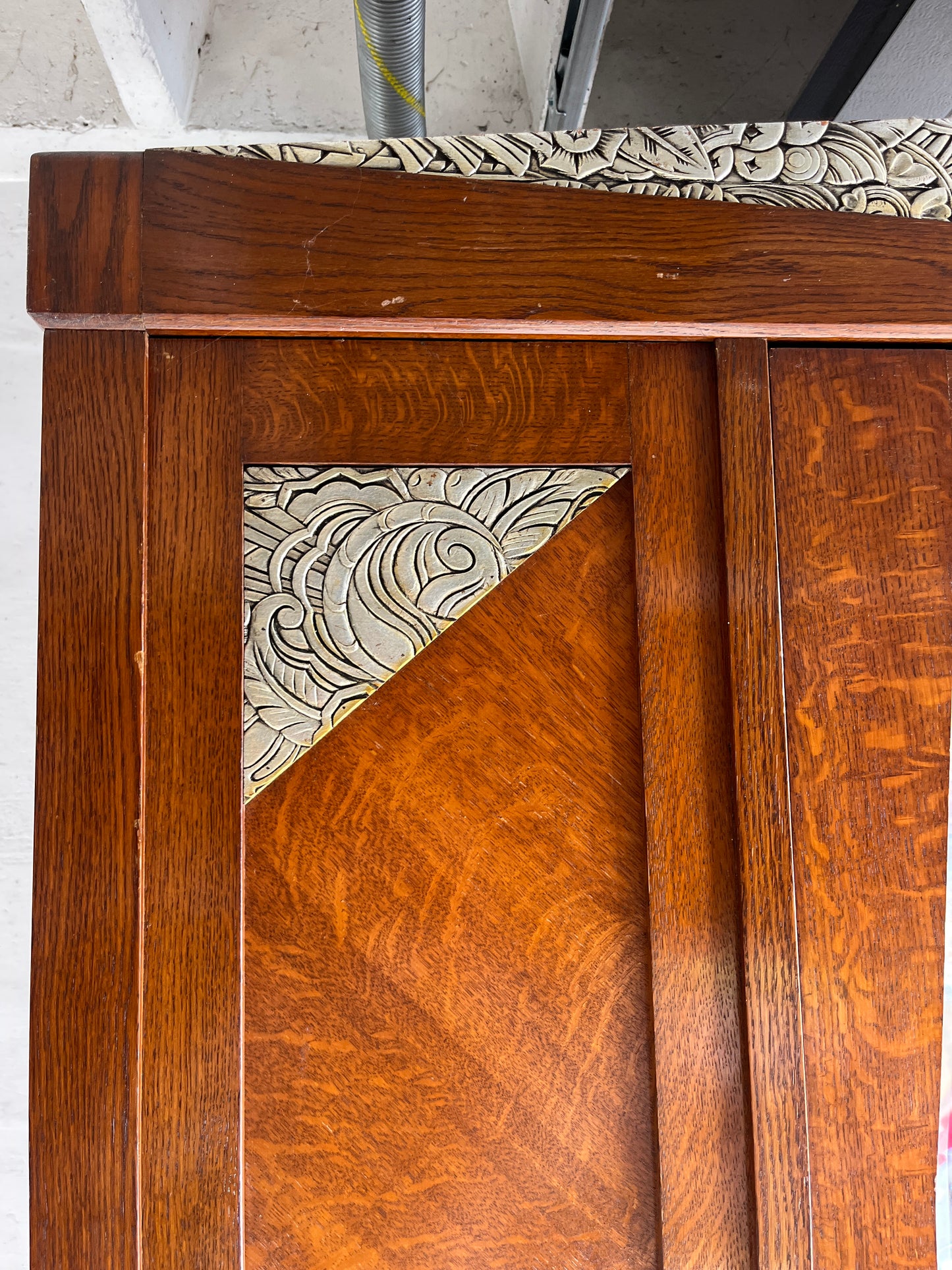 Art Deco Oak Wardrobe with Mirror & Carved Details