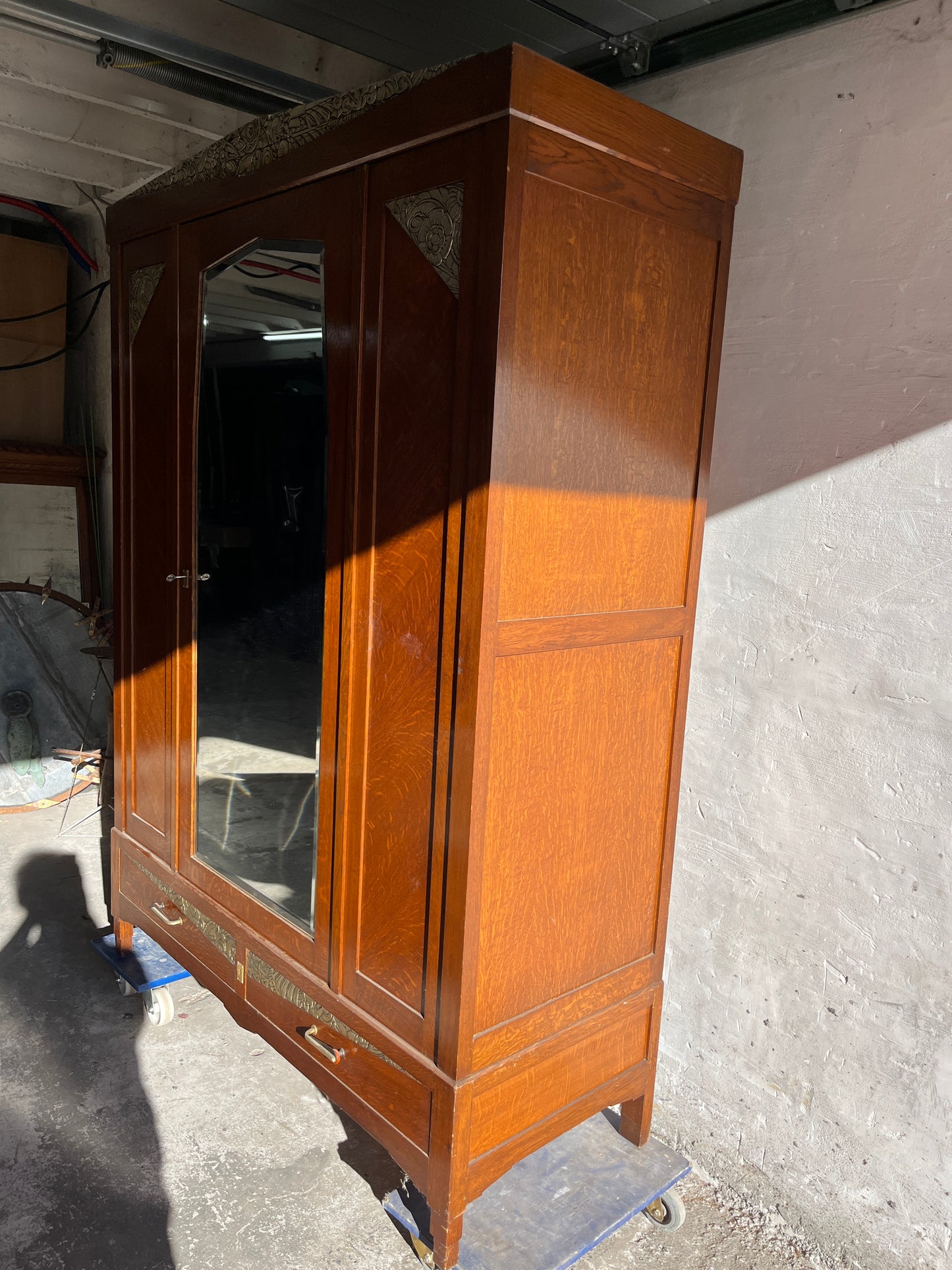 Art Deco Oak Wardrobe with Mirror & Carved Details