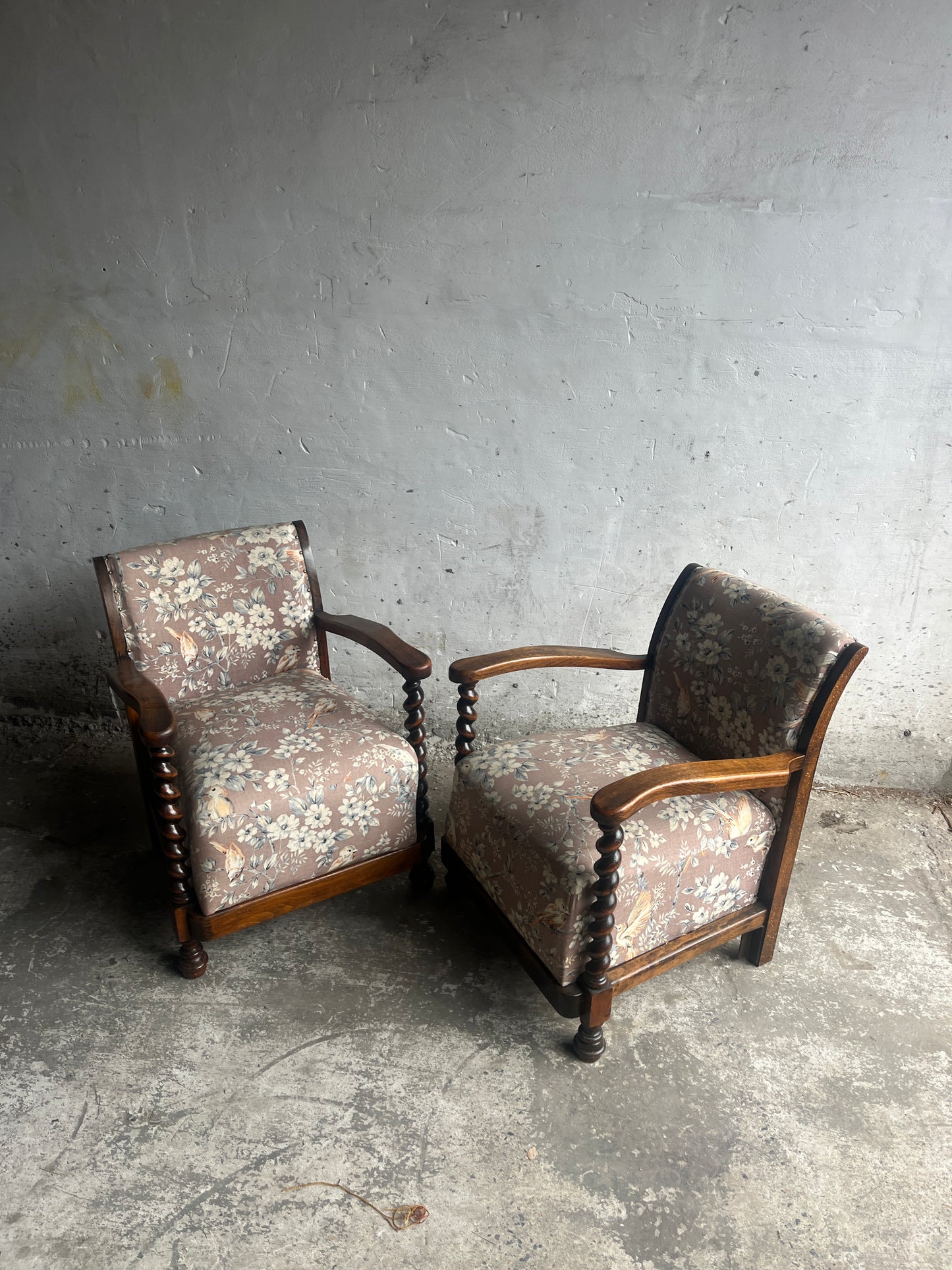 Pair of Vintage Floral &amp; Birds Armchairs with Barley Twist Wood