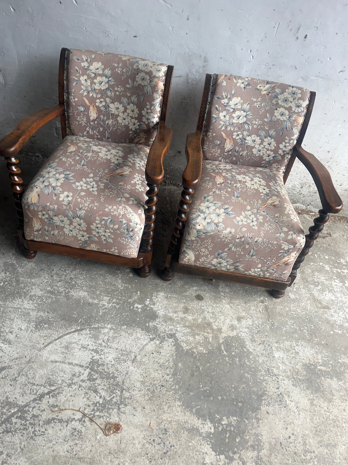 Pair of Vintage Floral &amp; Birds Armchairs with Barley Twist Wood