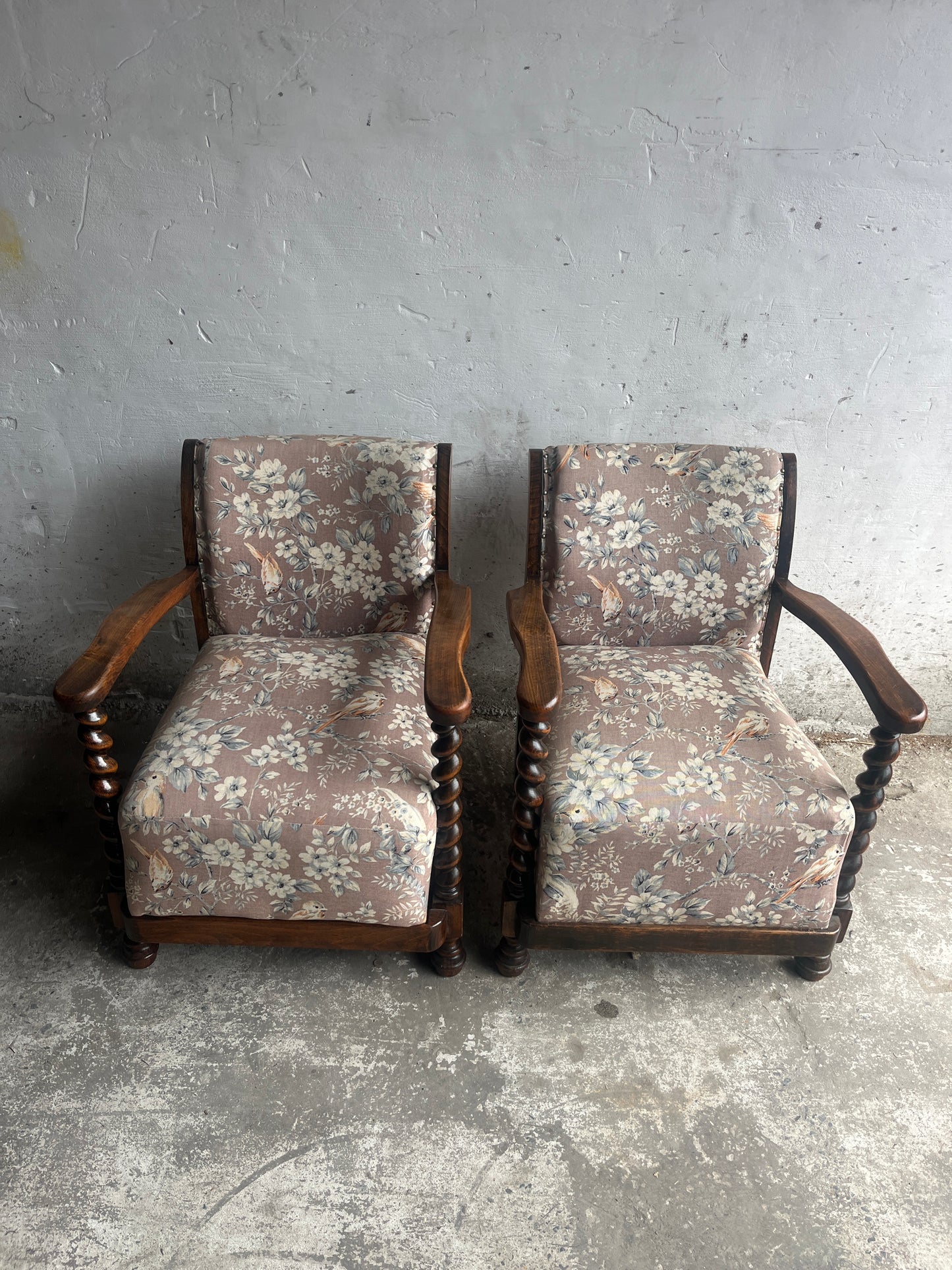 Pair of Vintage Floral &amp; Birds Armchairs with Barley Twist Wood