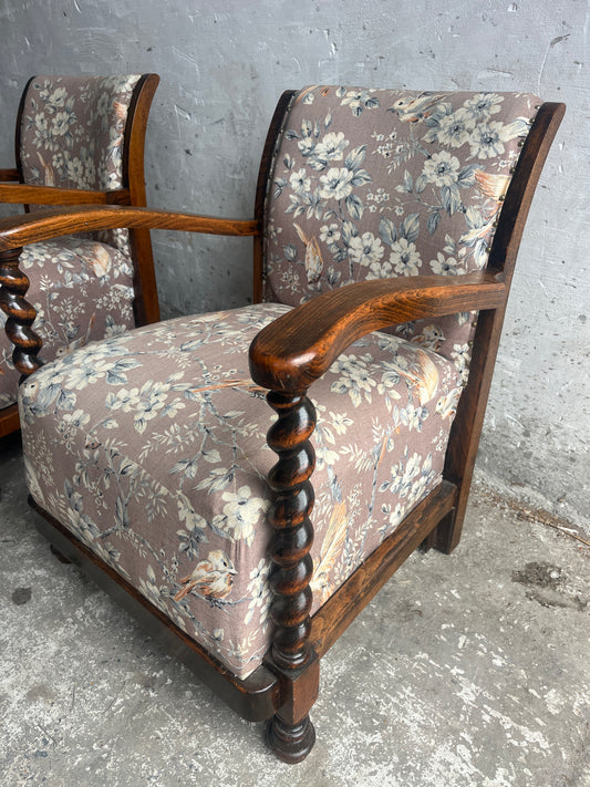 Pair of Vintage Floral &amp; Birds Armchairs with Barley Twist Wood
