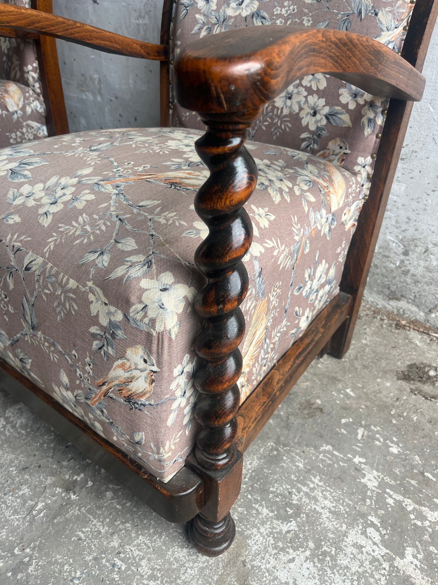 Pair of Vintage Floral &amp; Birds Armchairs with Barley Twist Wood