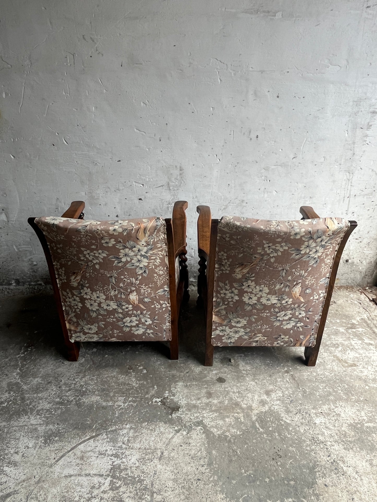 Pair of Vintage Floral &amp; Birds Armchairs with Barley Twist Wood