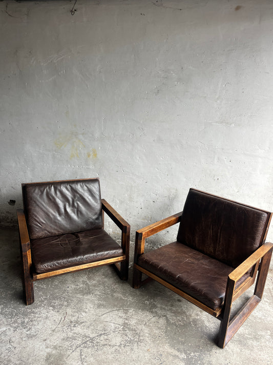 Pair of 1970s Solid Wood Lounge Chairs with Leather Cushions
