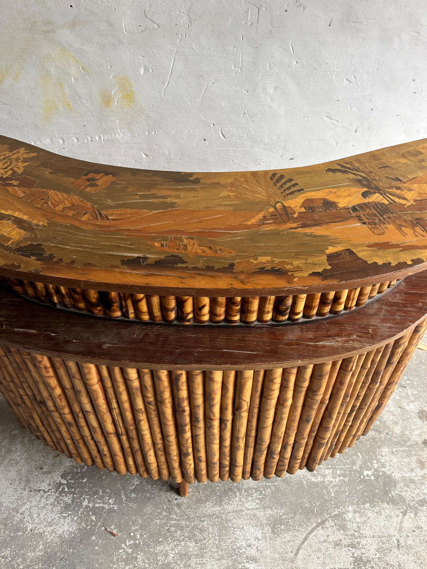 Handcrafted Bamboo Tiki Bar with 4 Stools – Mid-Century
