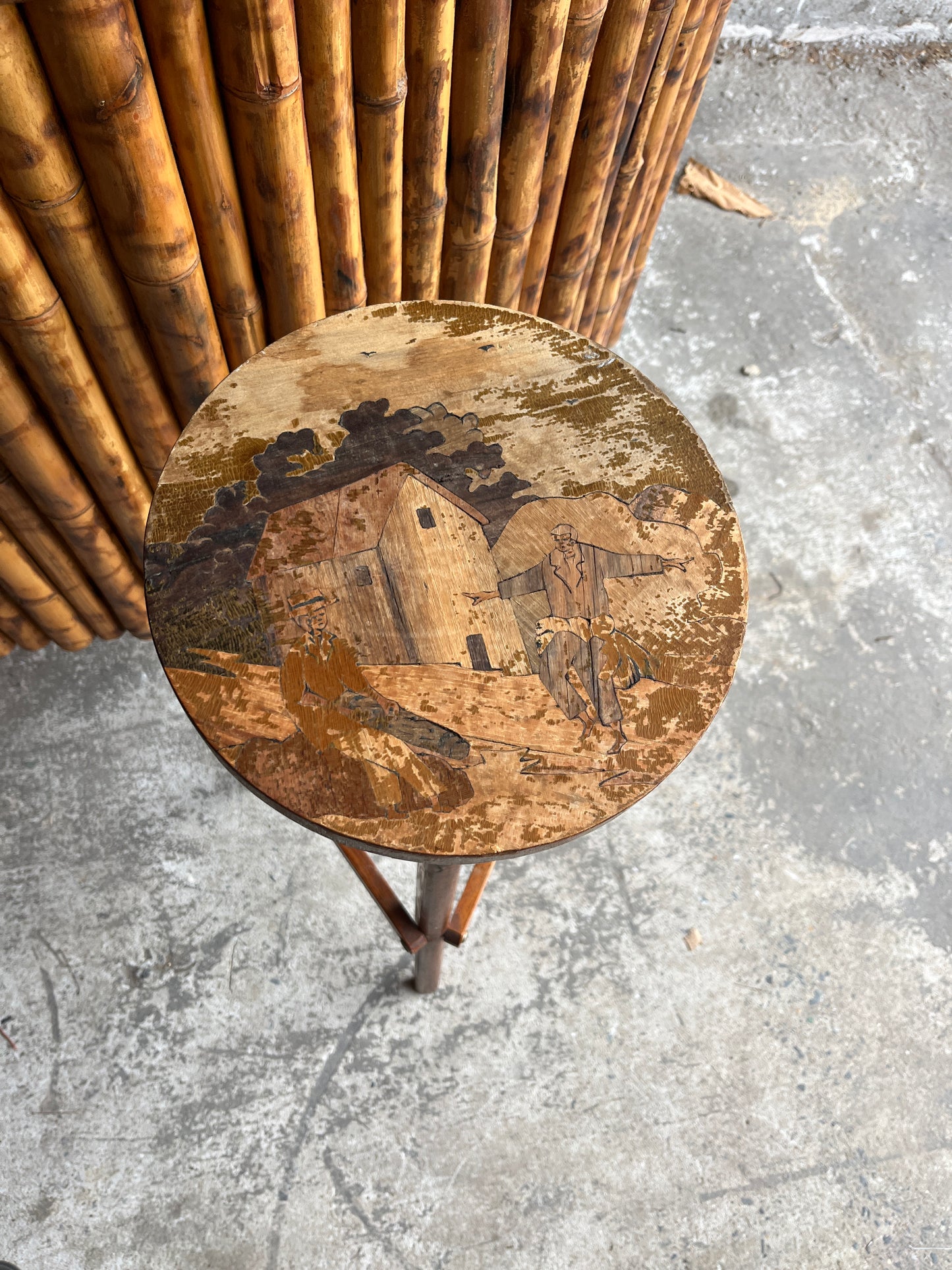 Handcrafted Bamboo Tiki Bar with 4 Stools – Mid-Century