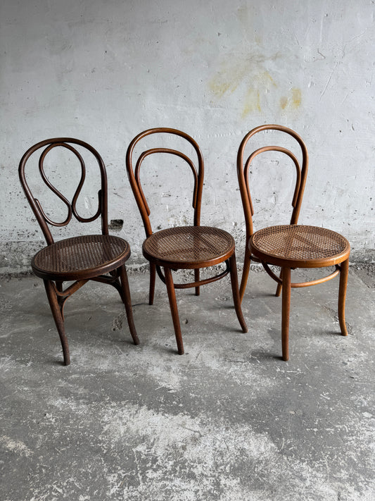 Set van 3 vintage Thonet-stijl stoelen met rotan zitting