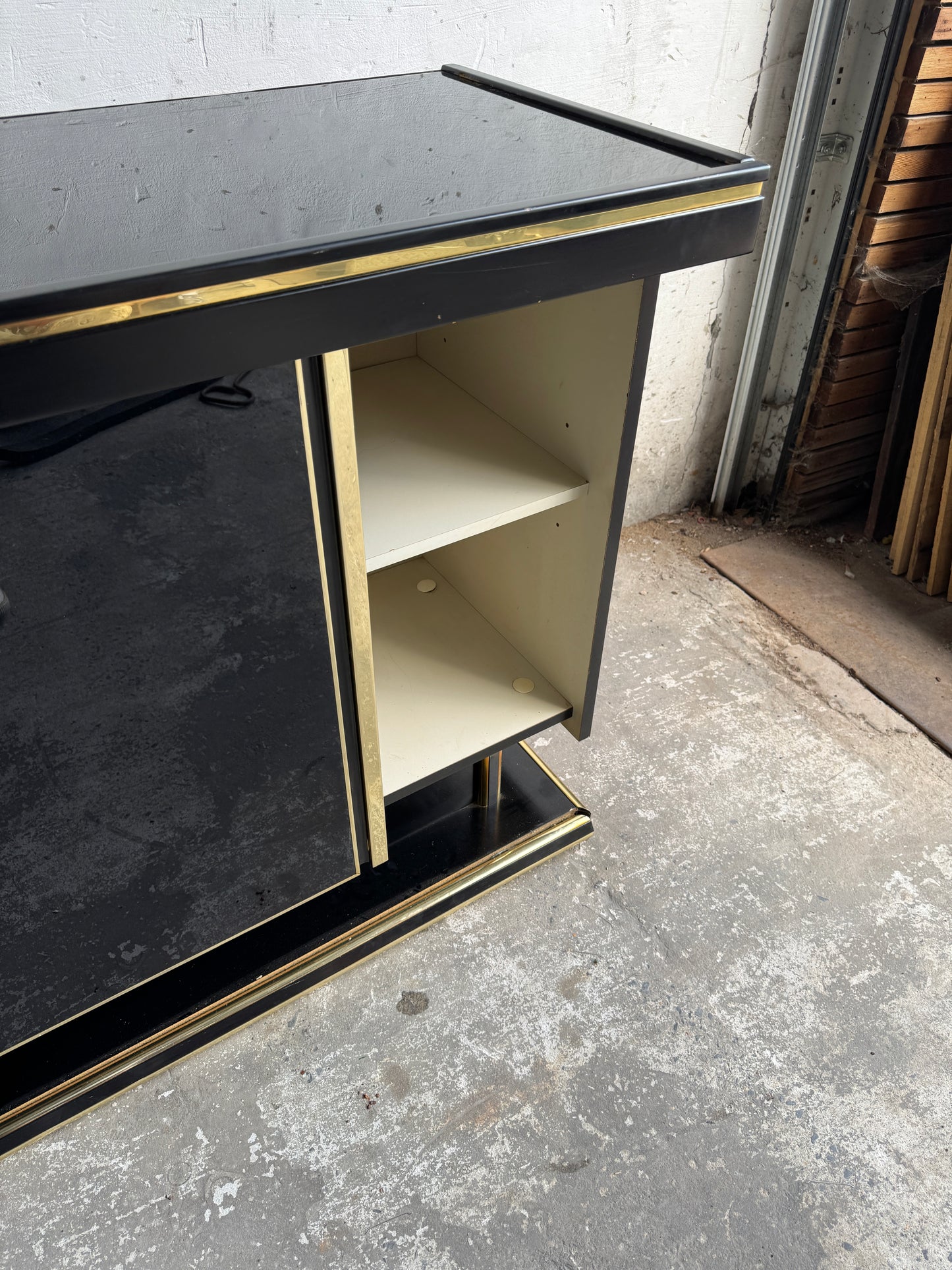 Black Lacquer and Brass Cabinet in the Style of Mahey