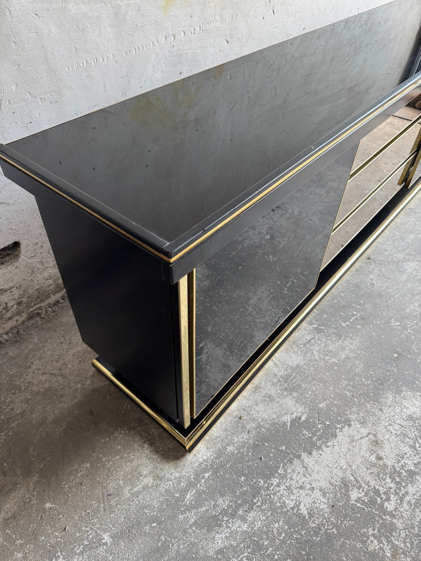 Black Lacquer and Brass Cabinet in the Style of Mahey