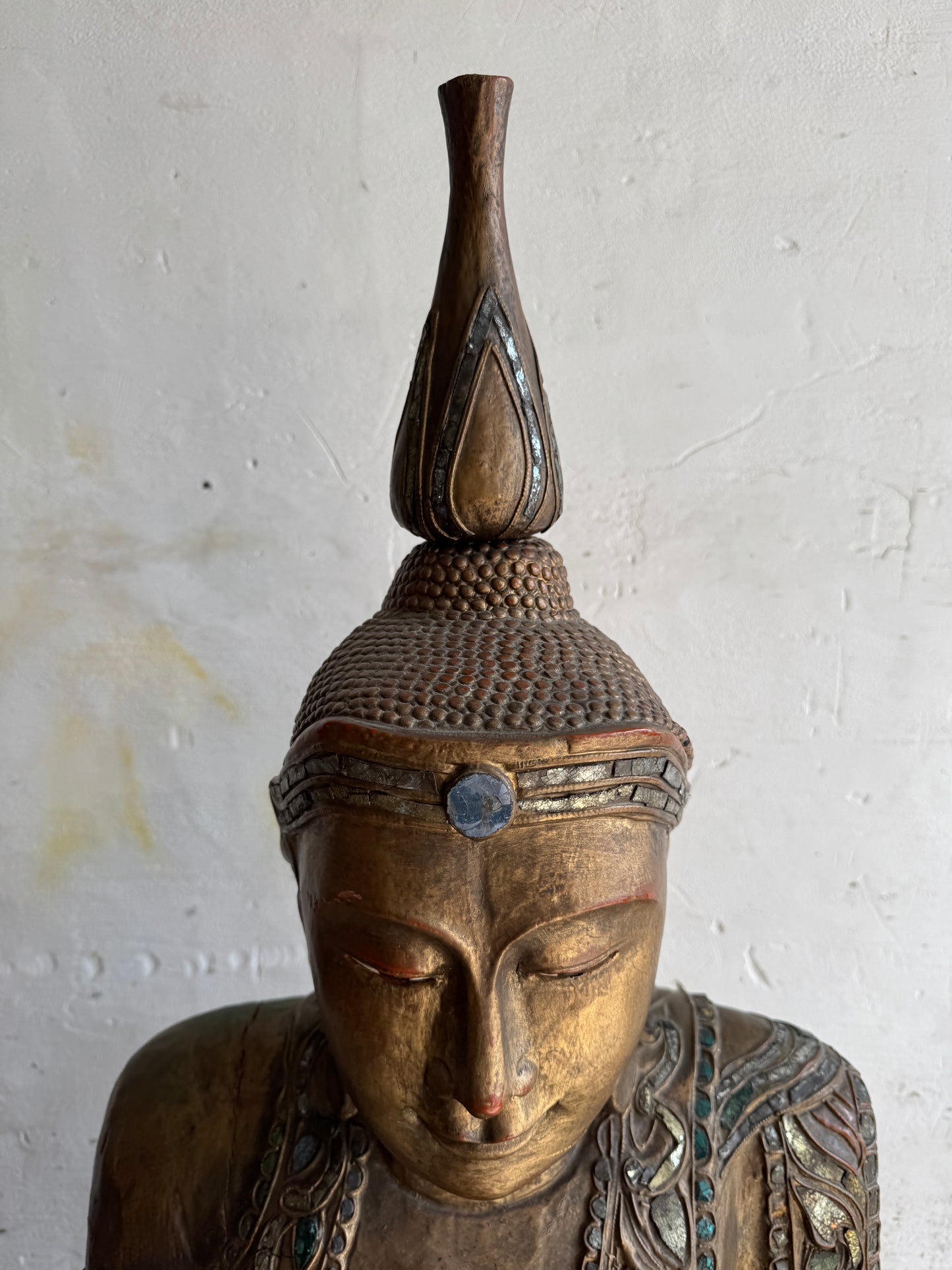 Large Seated Buddha Sculpture on Carved Base – Gilded Wood &amp; Lacquer