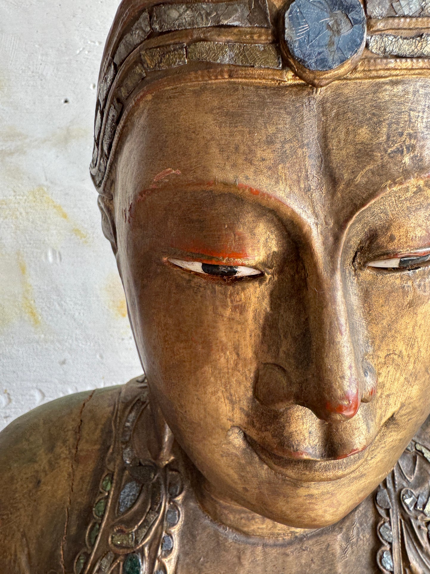Large Seated Buddha Sculpture on Carved Base – Gilded Wood &amp; Lacquer