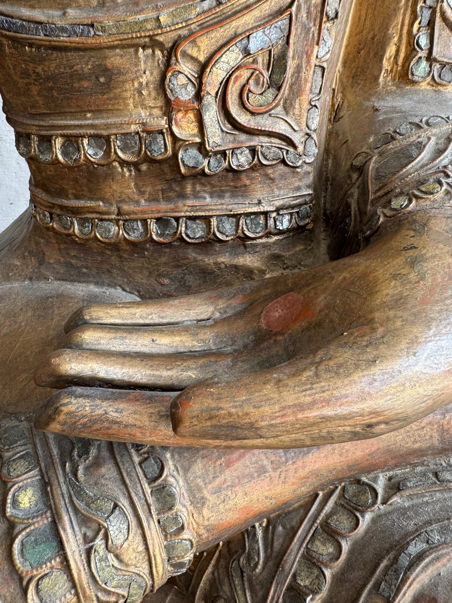 Large Seated Buddha Sculpture on Carved Base – Gilded Wood &amp; Lacquer