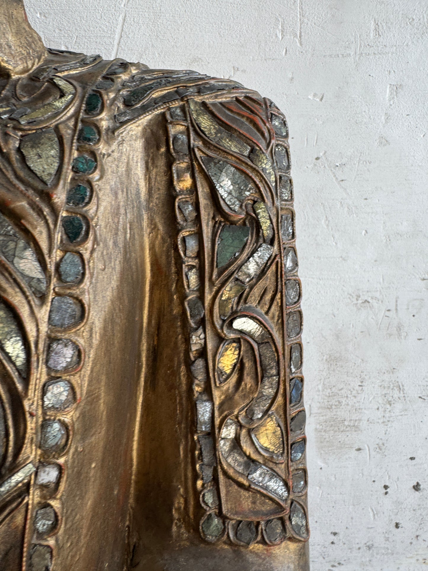 Large Seated Buddha Sculpture on Carved Base – Gilded Wood &amp; Lacquer