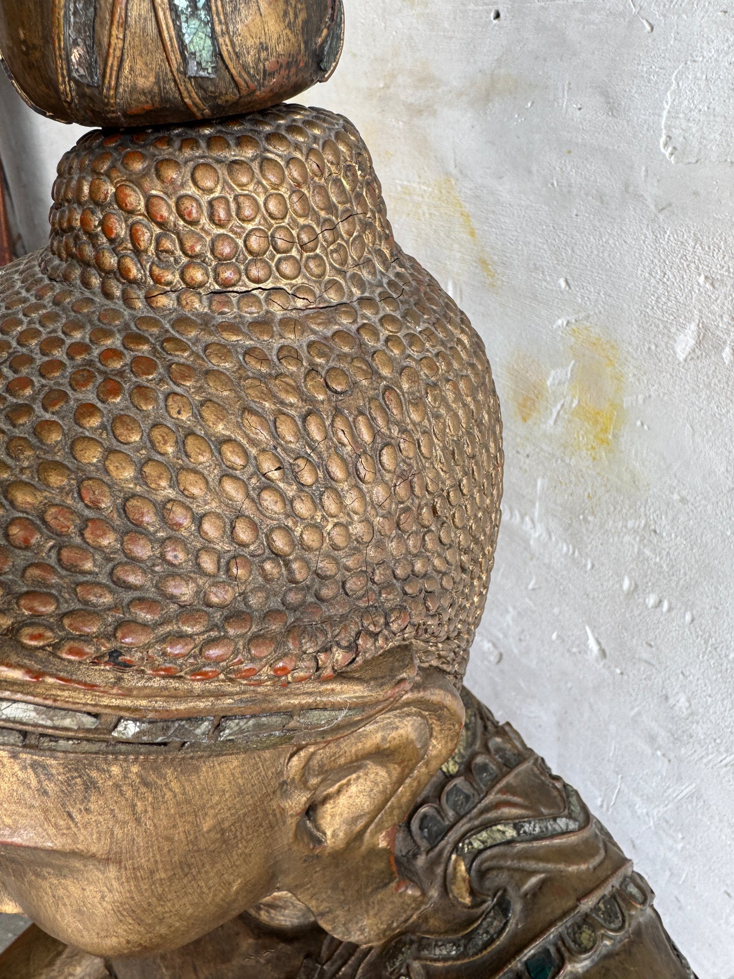 Large Seated Buddha Sculpture on Carved Base – Gilded Wood &amp; Lacquer