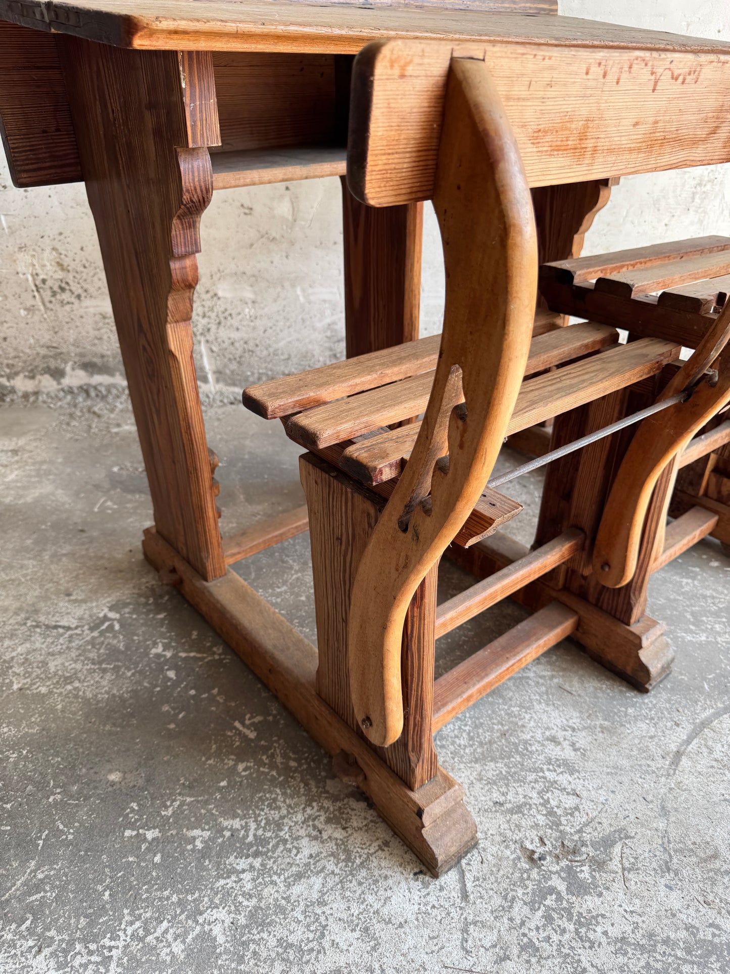 Antique Wooden School Desk with Twin Benches – Early 20th Century