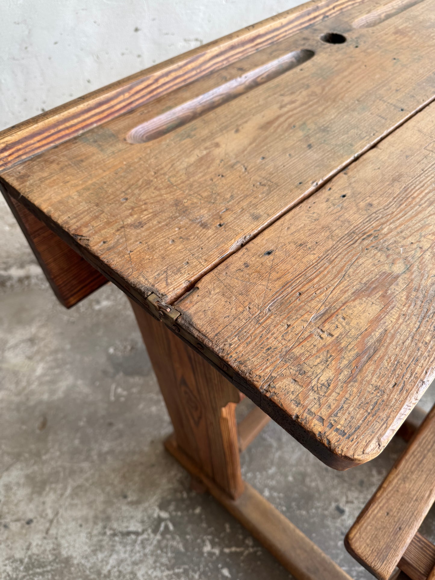 Antique Wooden School Desk with Twin Benches – Early 20th Century