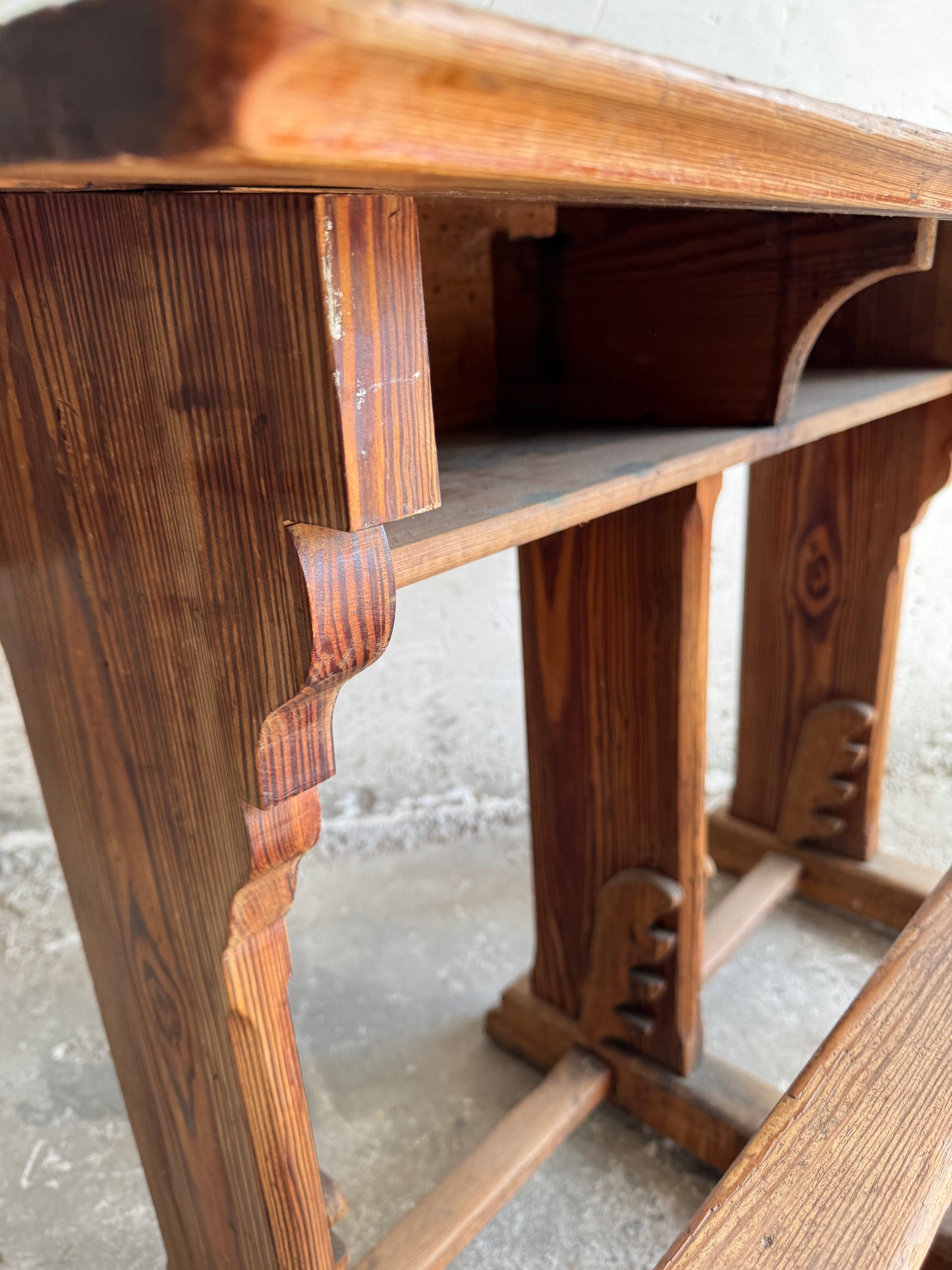 Antique Wooden School Desk with Twin Benches – Early 20th Century
