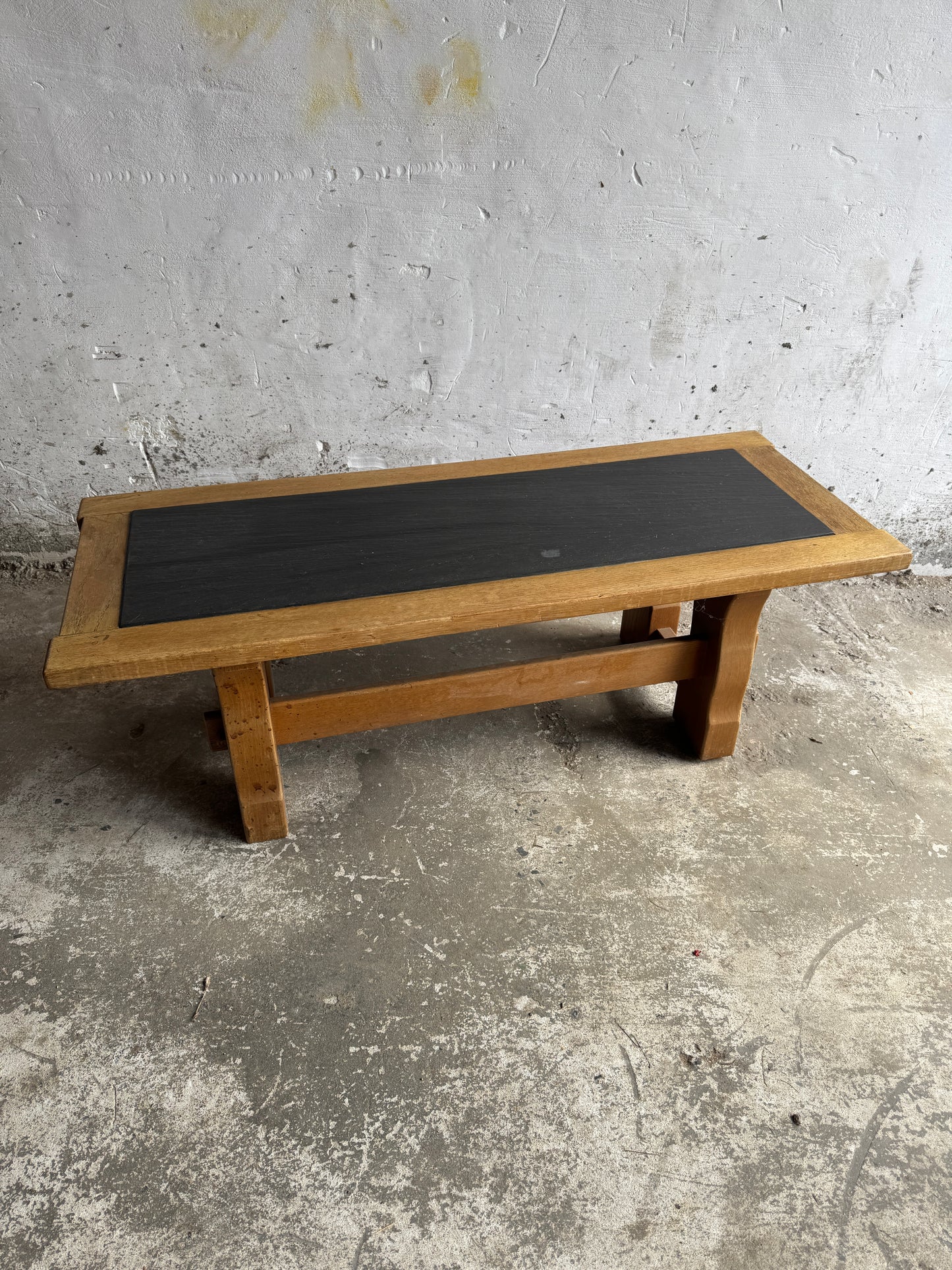 Vintage Oak Coffee Table with Belgian Blue Stone Top – 1950s Belgian Craft