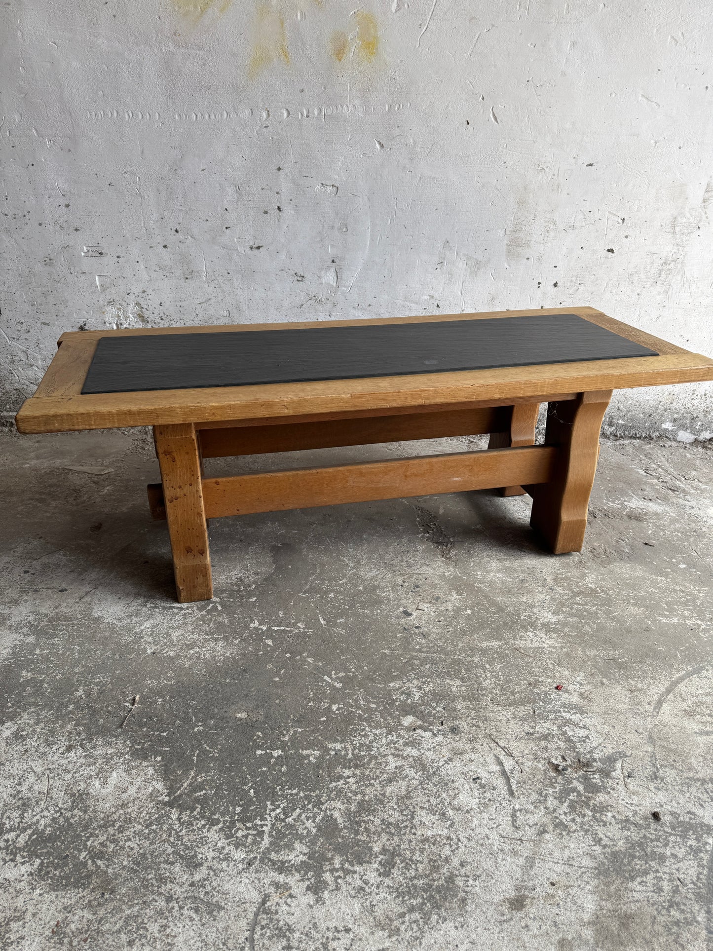 Vintage Oak Coffee Table with Belgian Blue Stone Top – 1950s Belgian Craft