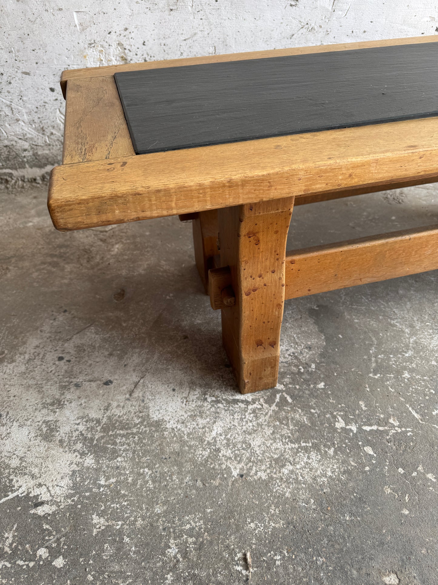 Vintage Oak Coffee Table with Belgian Blue Stone Top – 1950s Belgian Craft