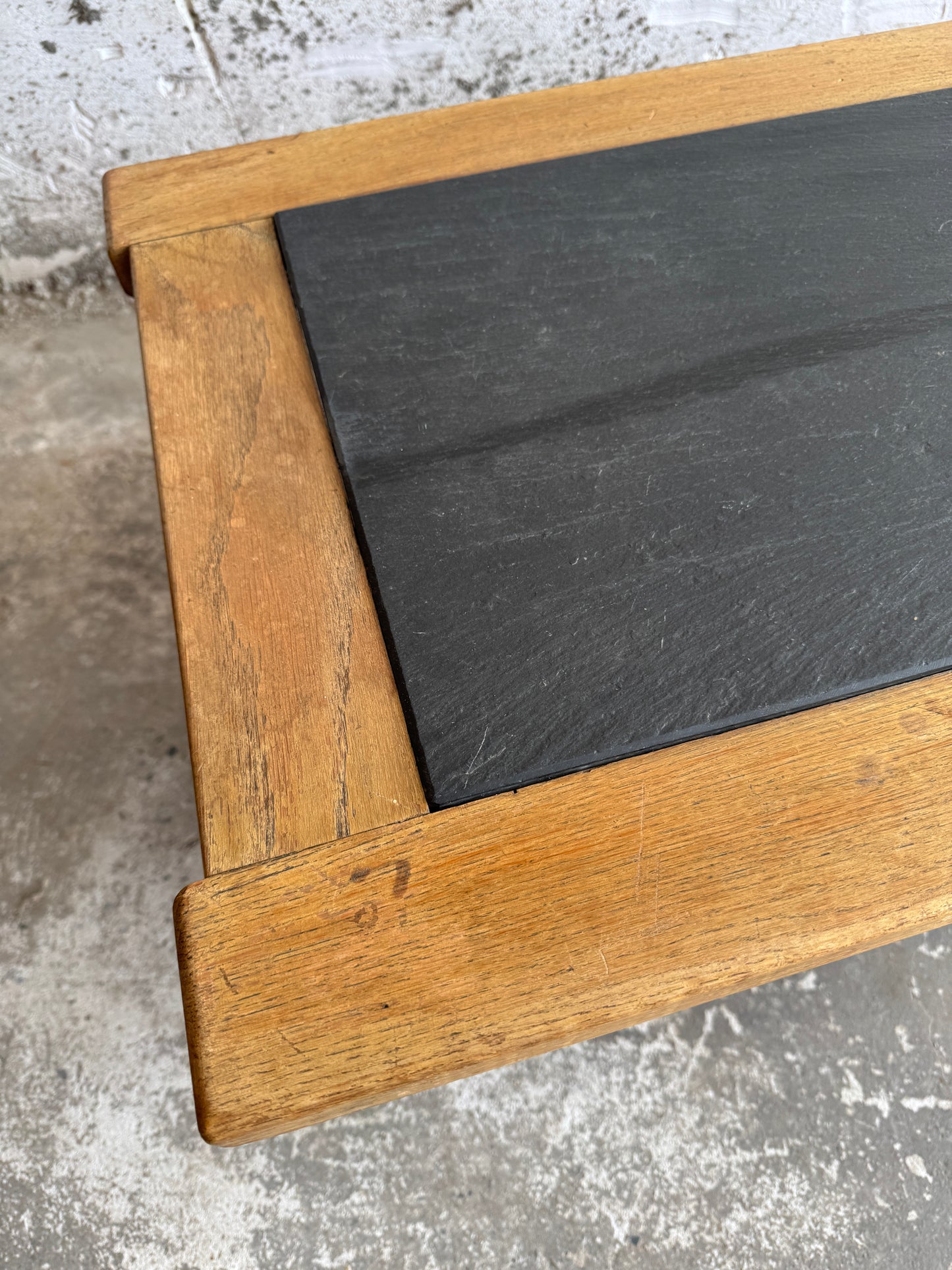 Vintage Oak Coffee Table with Belgian Blue Stone Top – 1950s Belgian Craft