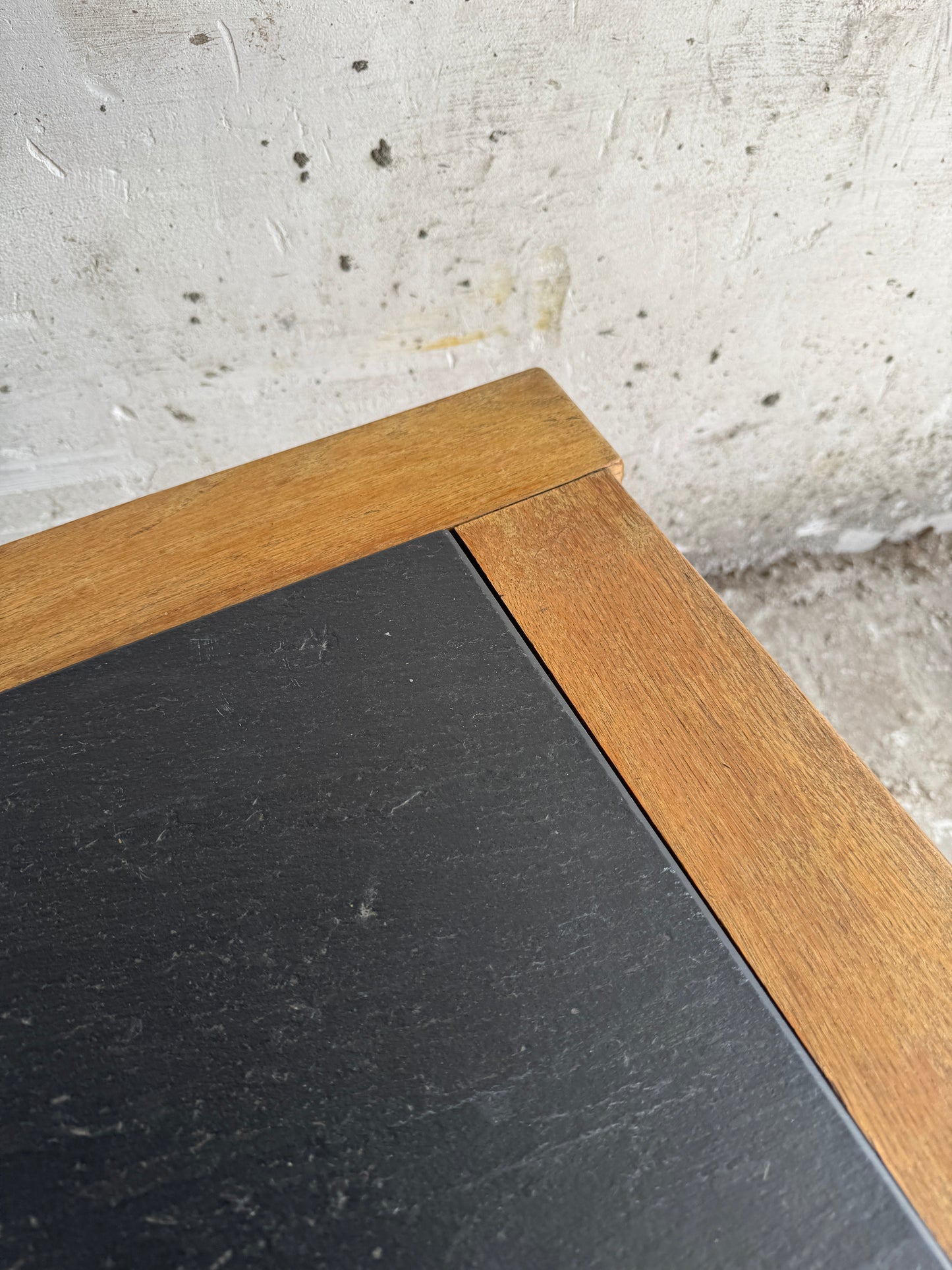 Vintage Oak Coffee Table with Belgian Blue Stone Top – 1950s Belgian Craft