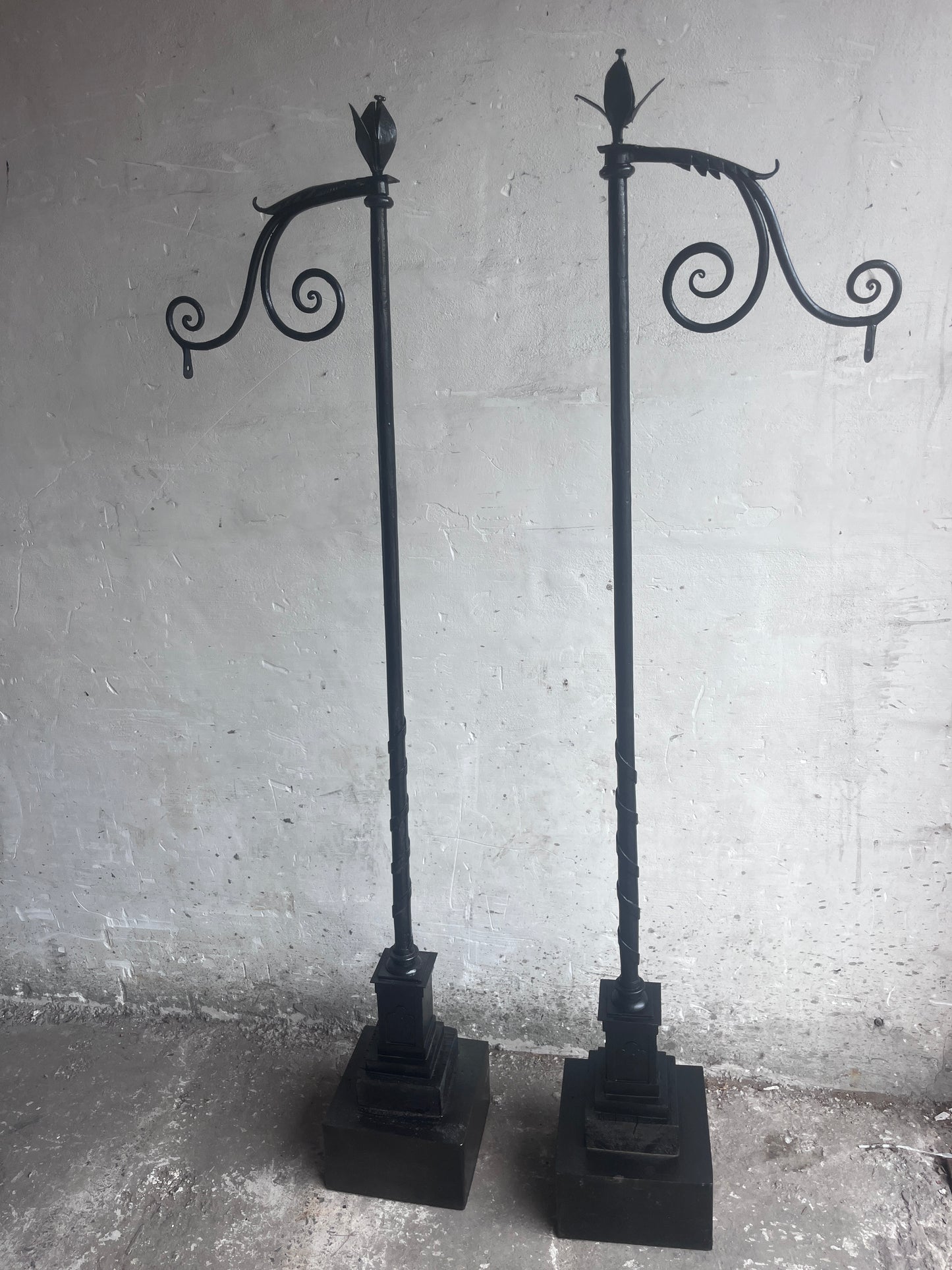 Pair of Monumental Hand-Forged Gothic Revival Wrought Iron Standards