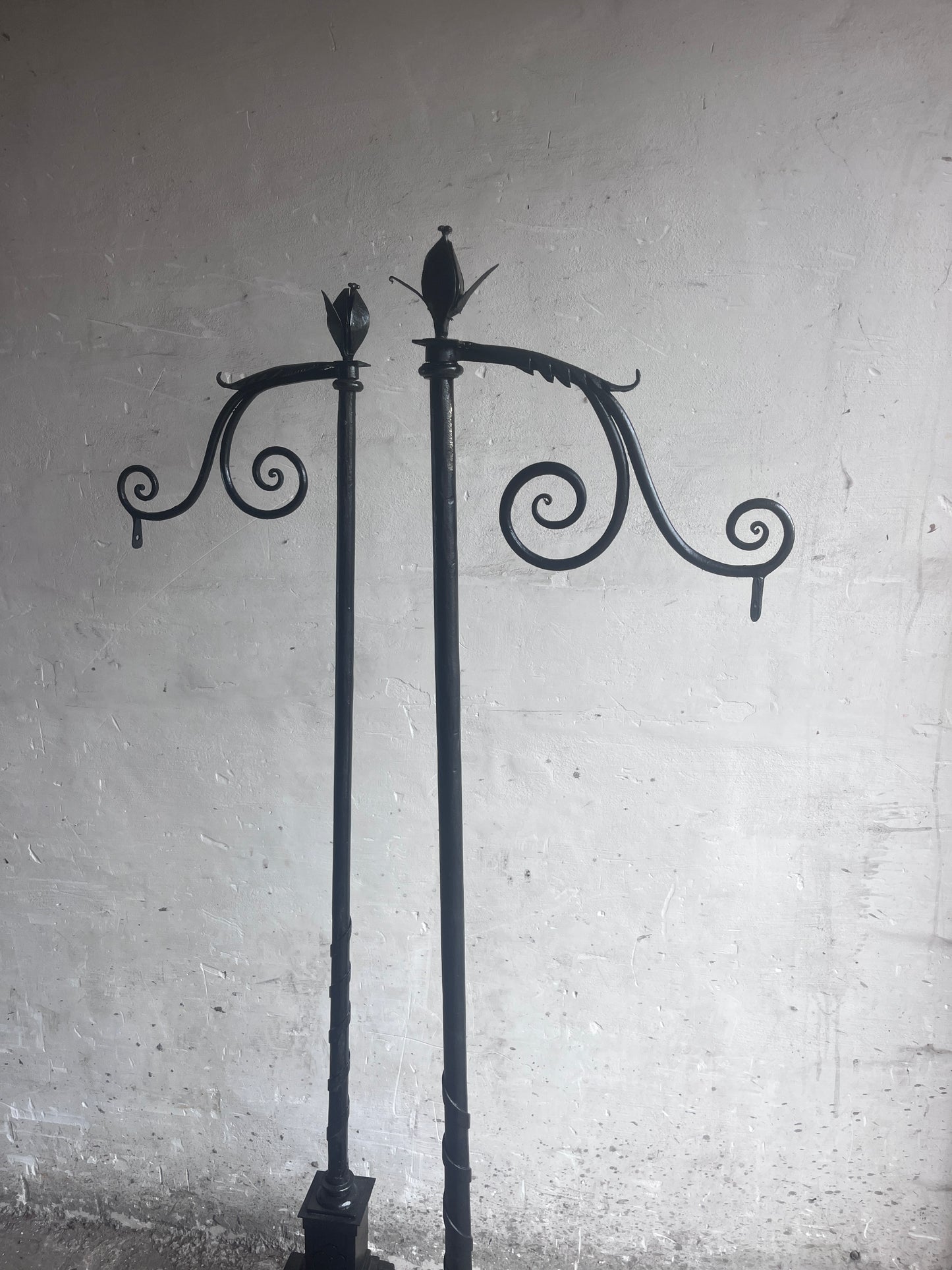 Pair of Monumental Hand-Forged Gothic Revival Wrought Iron Standards