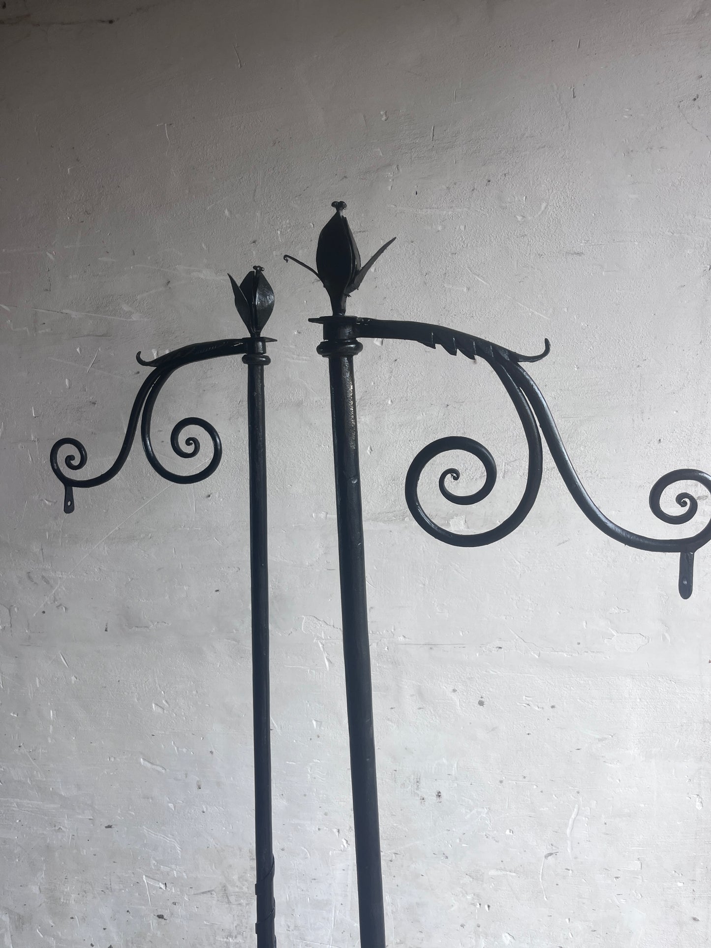 Pair of Monumental Hand-Forged Gothic Revival Wrought Iron Standards