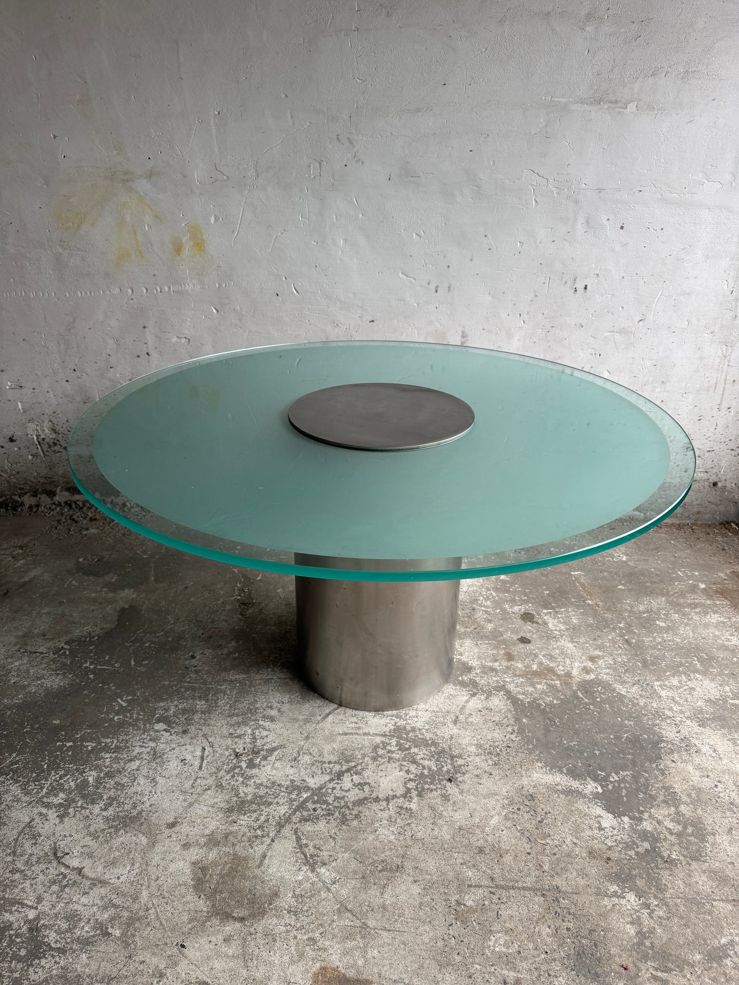 Round Glass Dining Table with Fixed Central Plate – Industrial Modern, 1990s