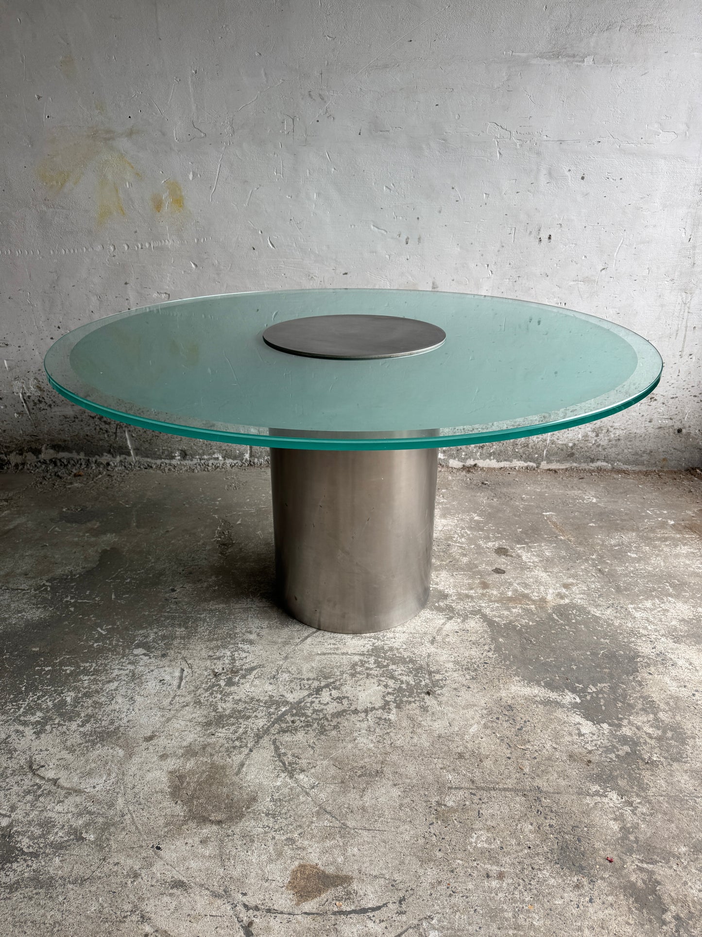 Round Glass Dining Table with Fixed Central Plate – Industrial Modern, 1990s