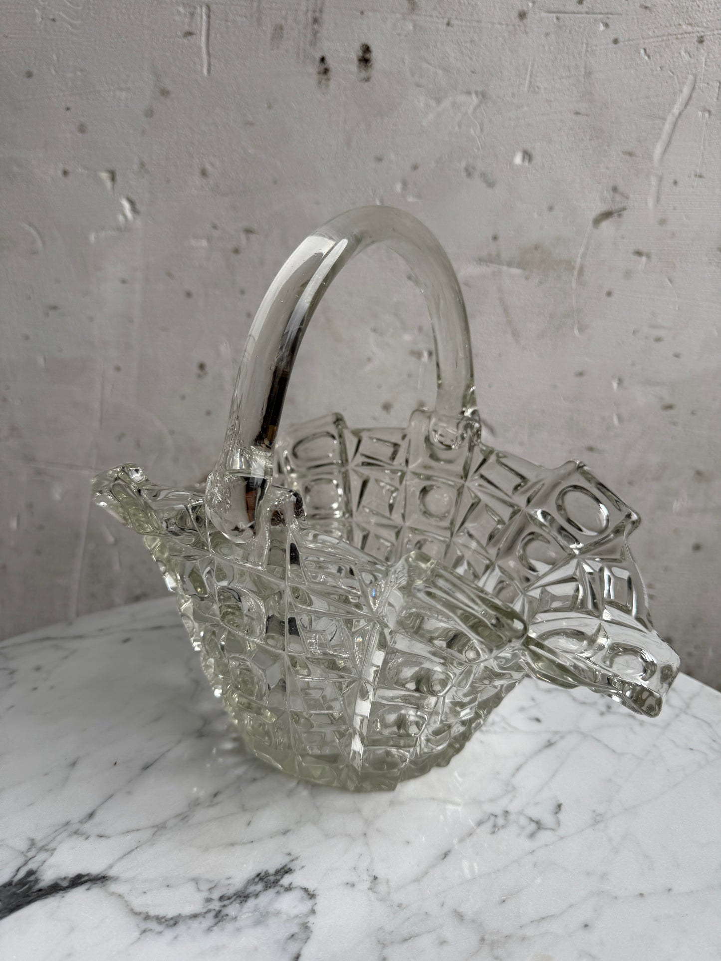 Vintage Pressed Crystal Glass Basket – Geometric Lattice Design