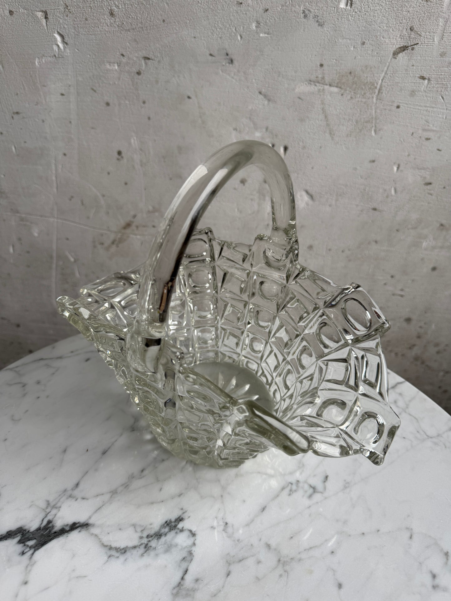 Vintage Pressed Crystal Glass Basket – Geometric Lattice Design