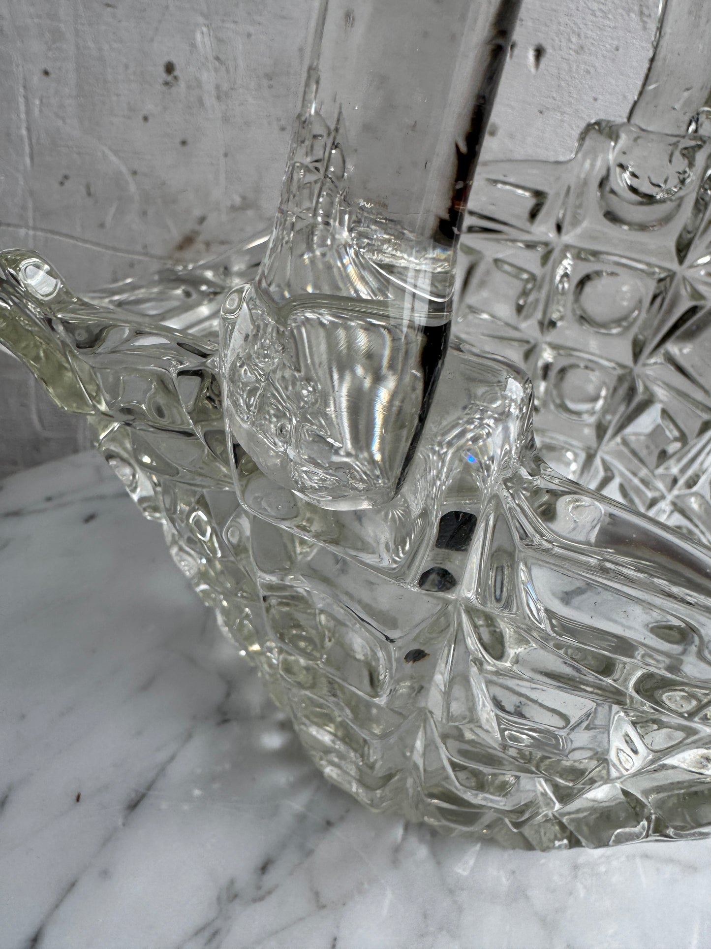 Vintage Pressed Crystal Glass Basket – Geometric Lattice Design