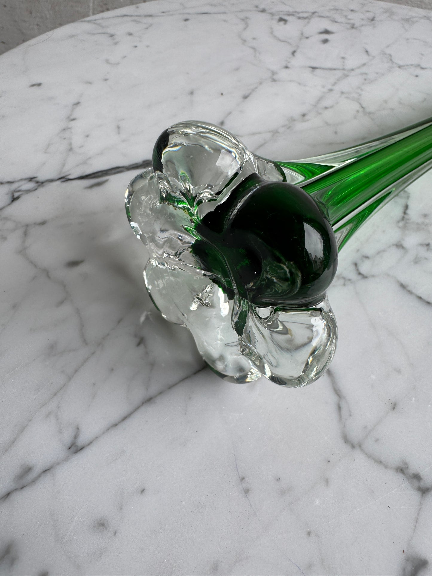 Green Glass Bud Vase – Clear Petal Base – 30cm
