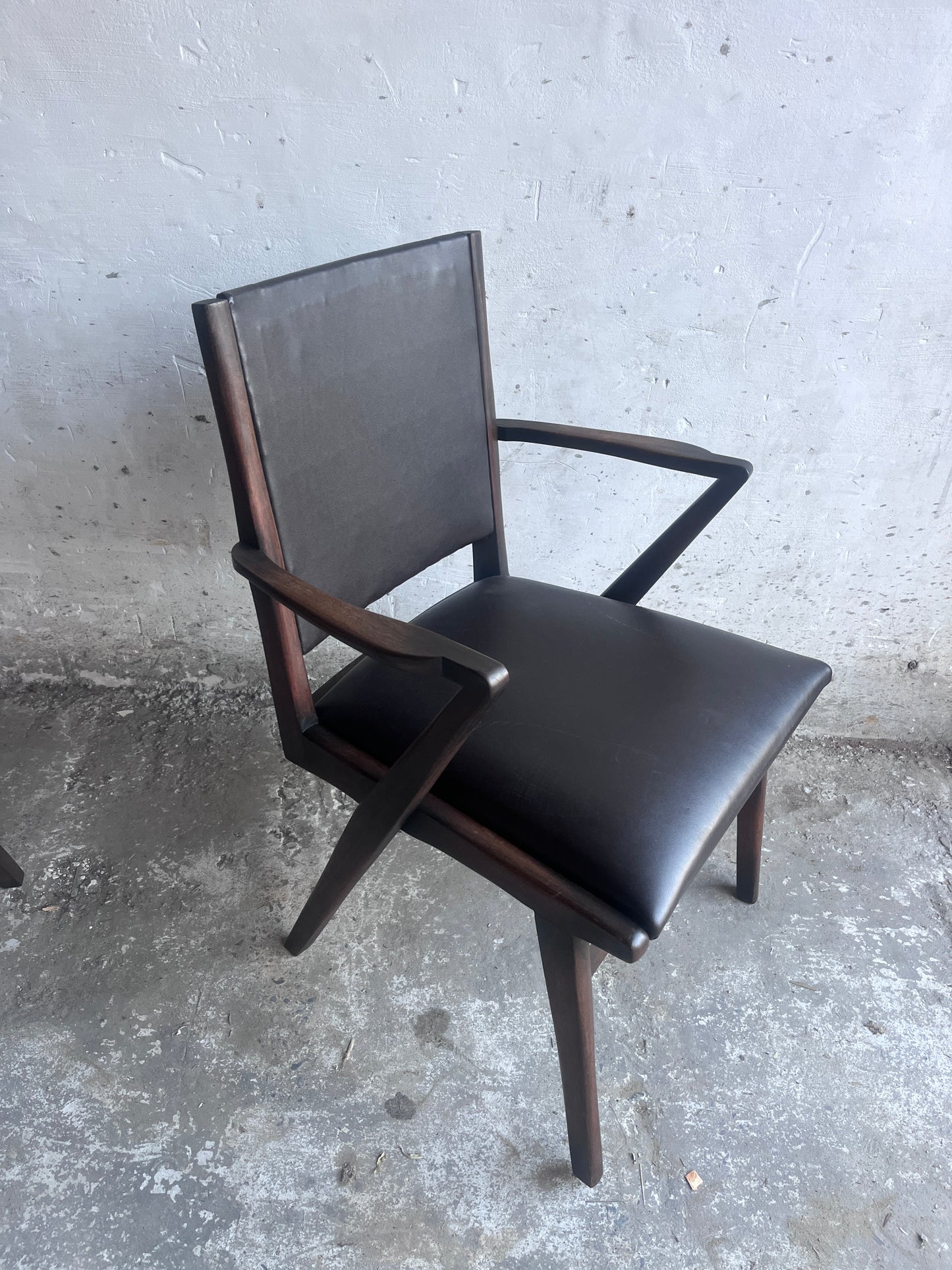 Pair of Sculptural Mid-Century Armchairs in Dark Wood and Brown Upholstery