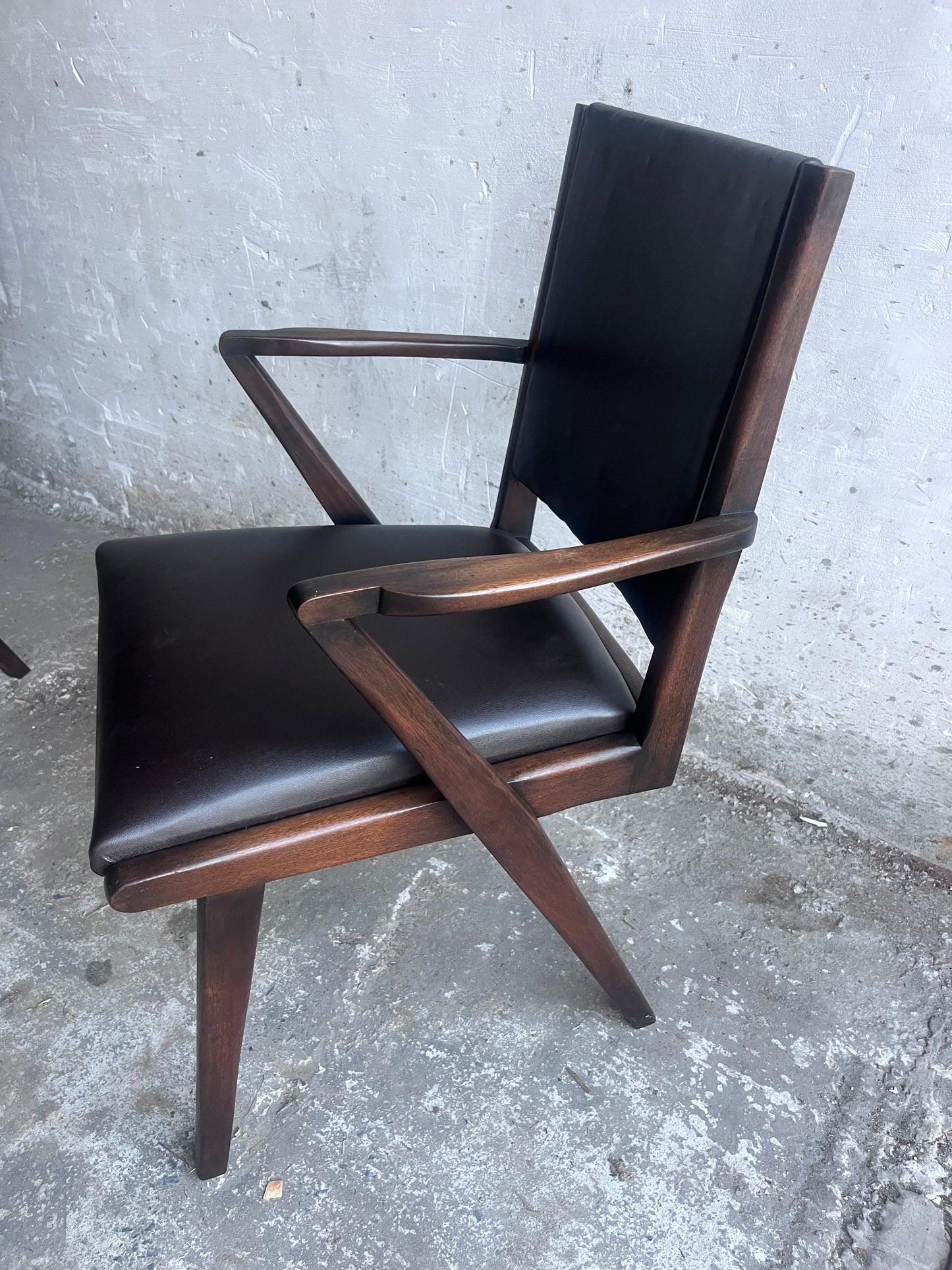 Pair of Sculptural Mid-Century Armchairs in Dark Wood and Brown Upholstery