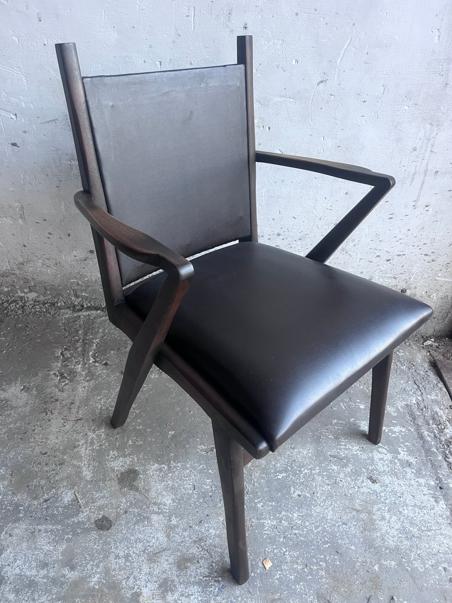 Pair of Sculptural Mid-Century Armchairs in Dark Wood and Brown Upholstery